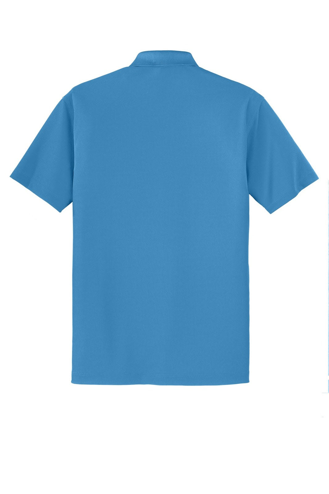 A light blue polo shirt with a collar and short sleeves, featuring a logo on the back.