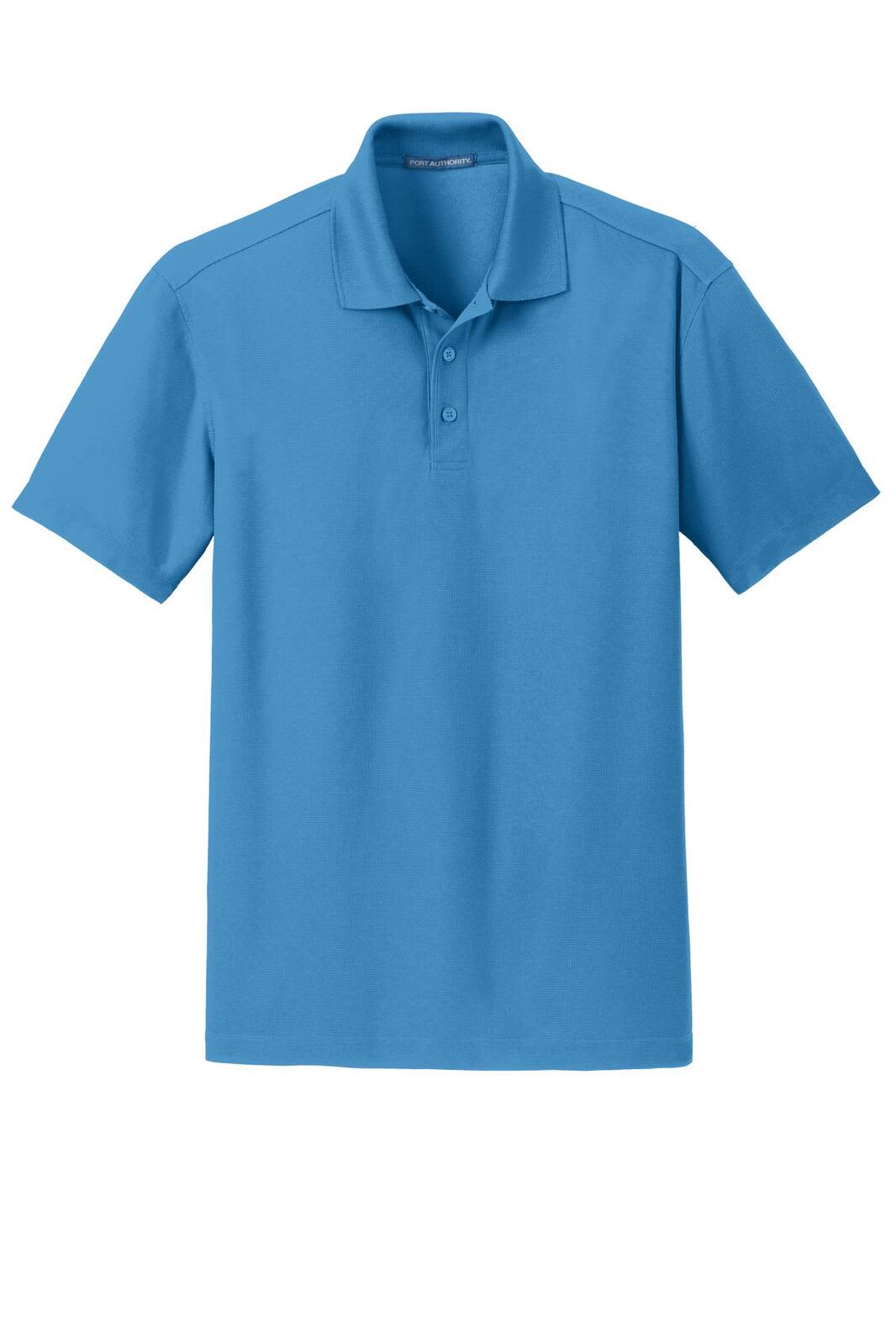 A blue polo shirt featuring a collar and three-button placket, with a small logo on the chest area.