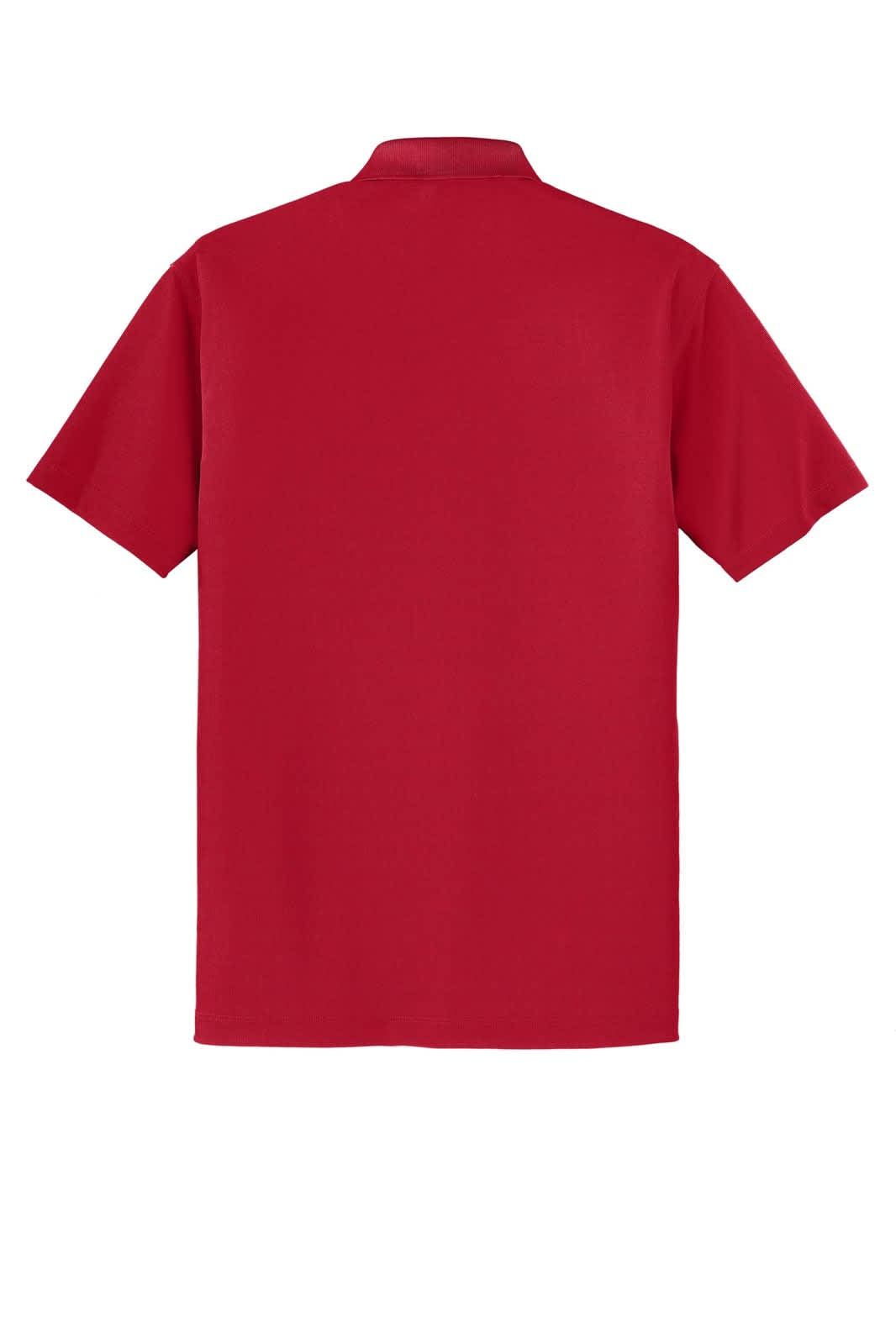 A red polo shirt featuring short sleeves and a collar, with a branding logo on the back.