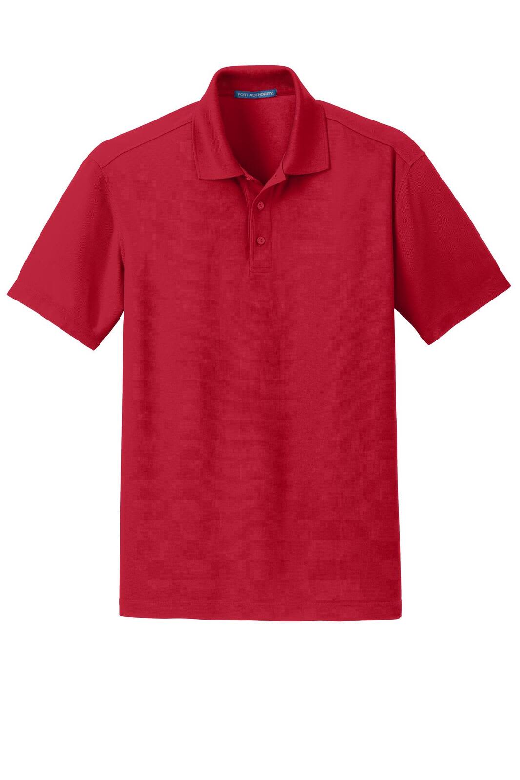 A red polo shirt featuring a collar and a placket with buttons, includes branding on the garment.