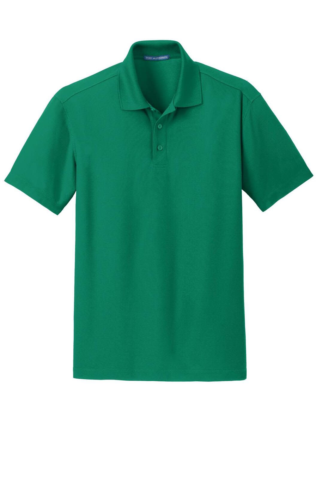 A green polo shirt featuring a collar and short sleeves, with a logo on the chest area.