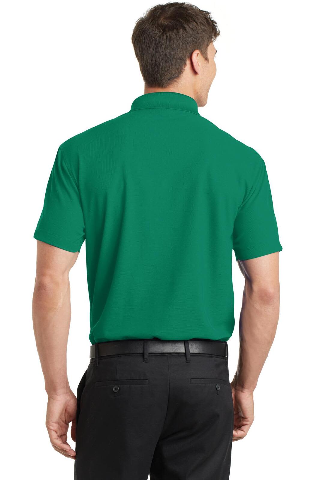 A green polo shirt with a standard collar and short sleeves, featuring a logo on the back.