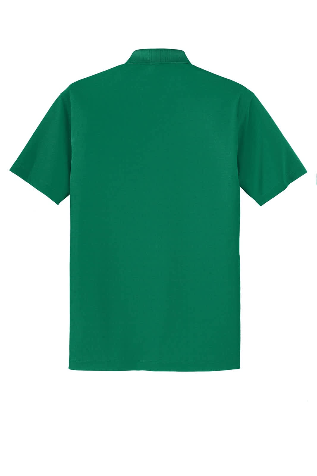 A green polo shirt featuring a collar and short sleeves, with a logo on the back.