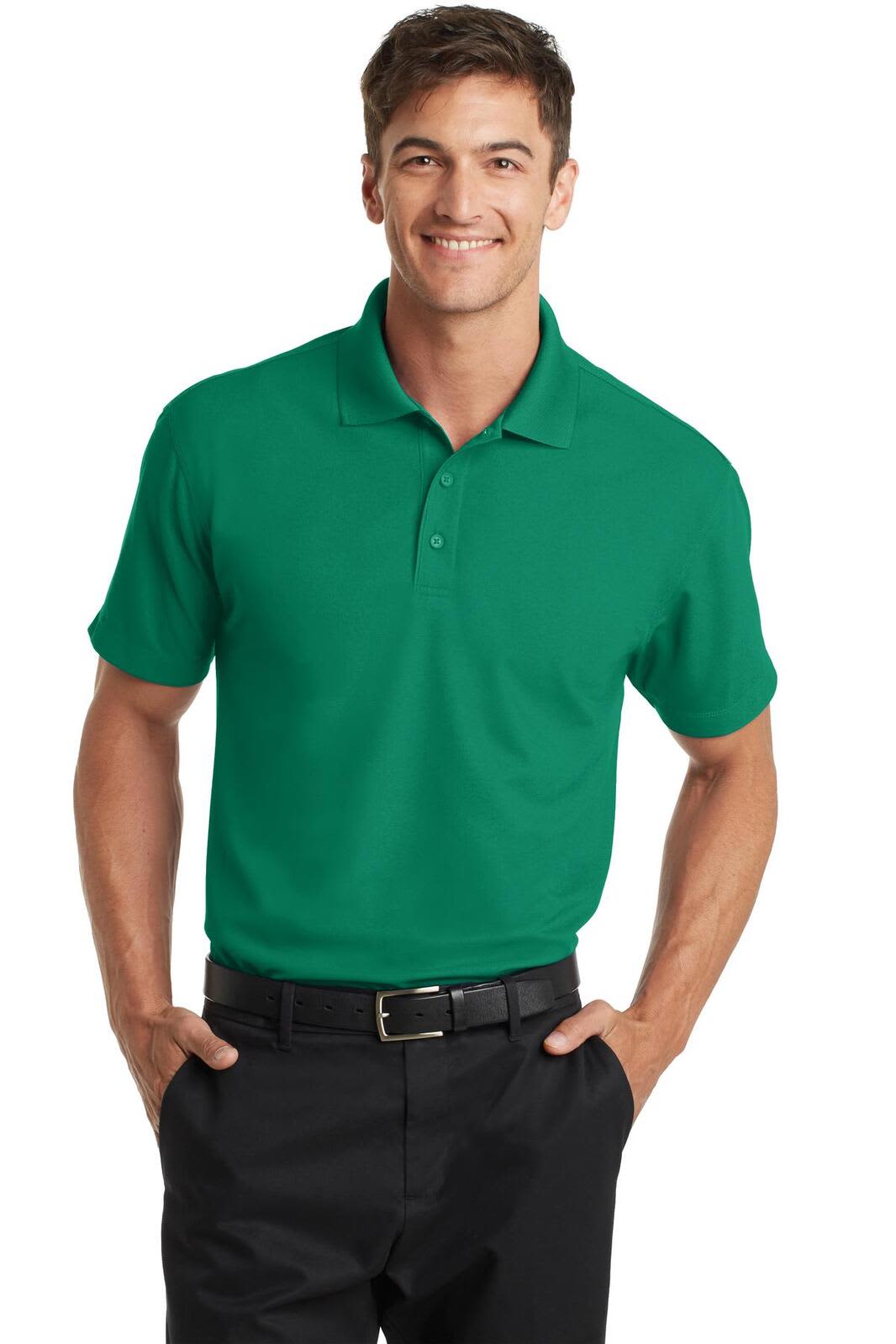 A green polo shirt with a collar and short sleeves, featuring a logo on the left chest.