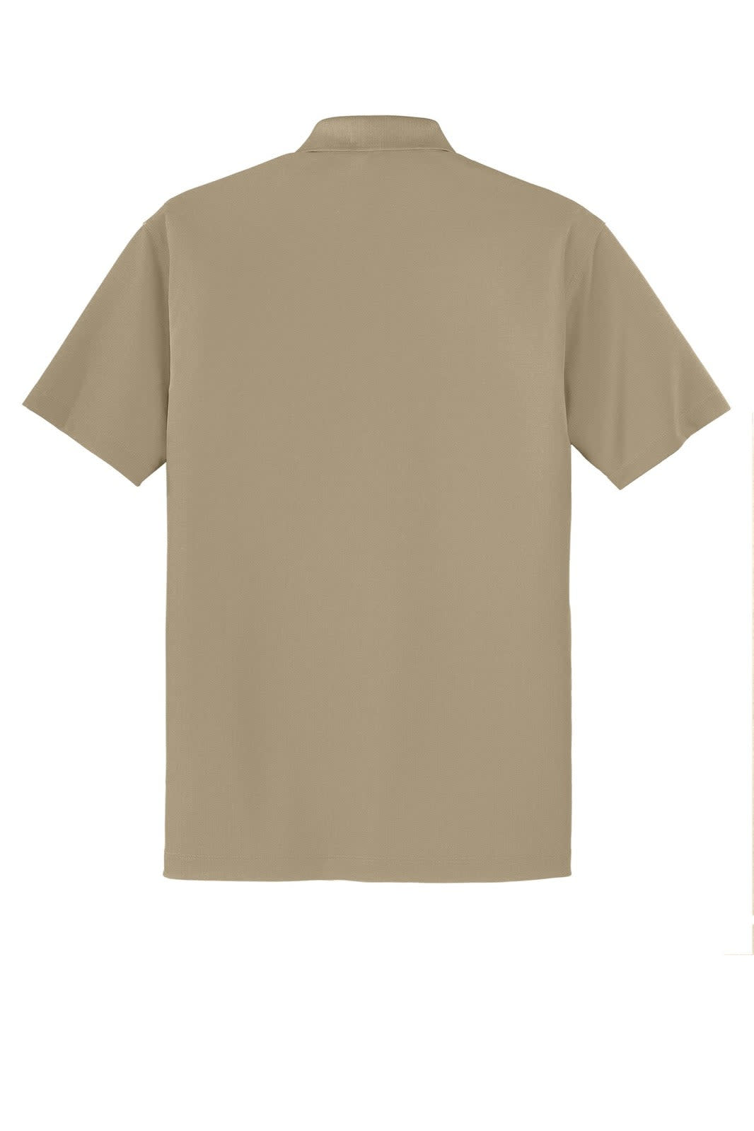 A beige polo shirt with a collar and short sleeves, featuring branding on the back.