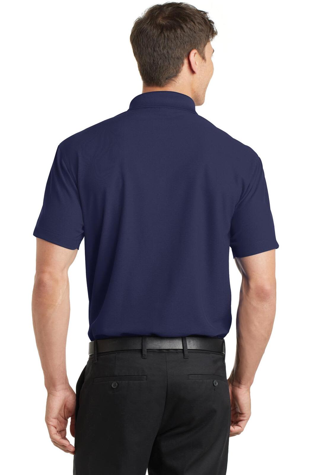 A navy blue polo shirt with a short sleeve and a collar, featuring a logo on the back.