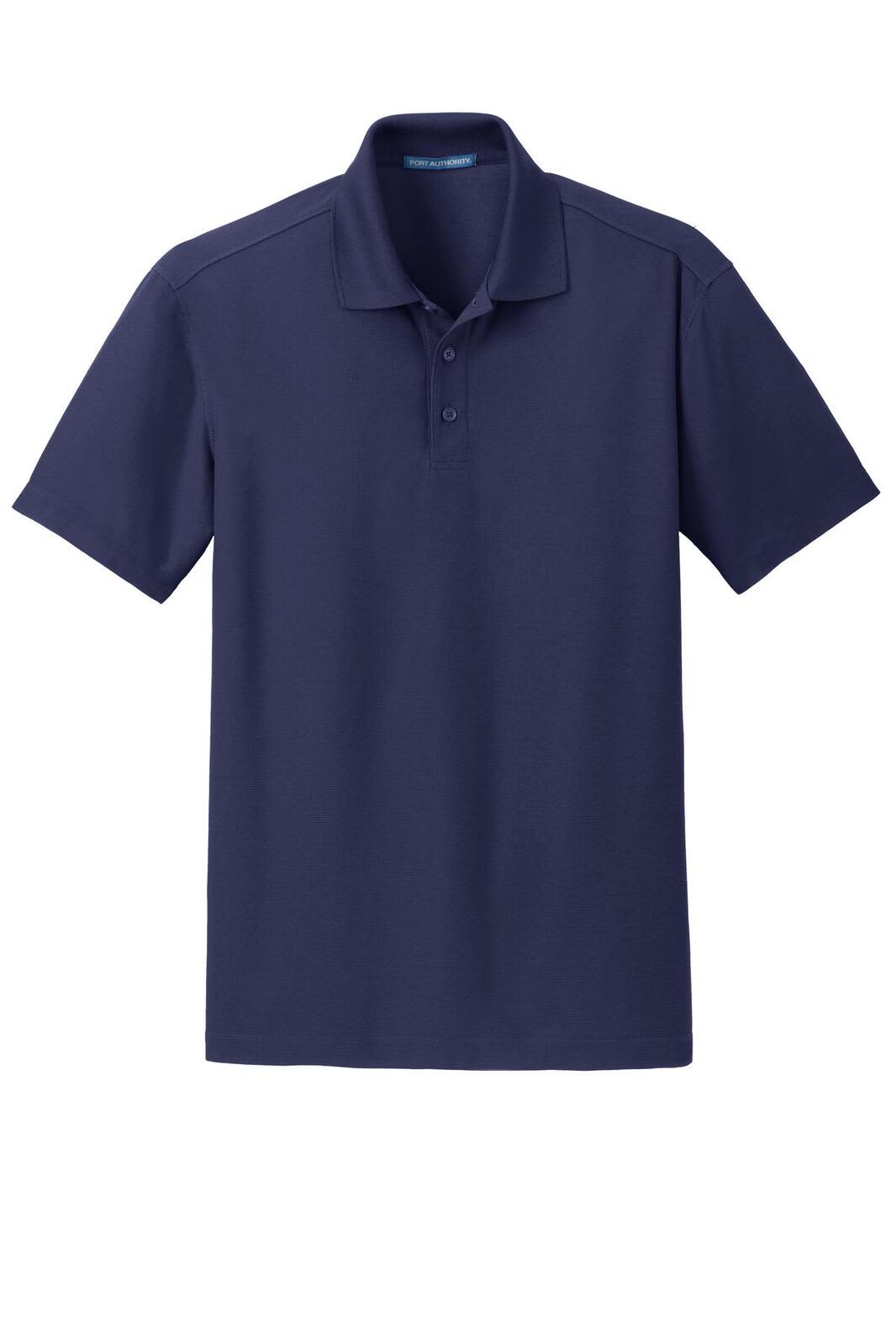 A navy blue polo shirt with a collar, short sleeves, and a logo on the chest.