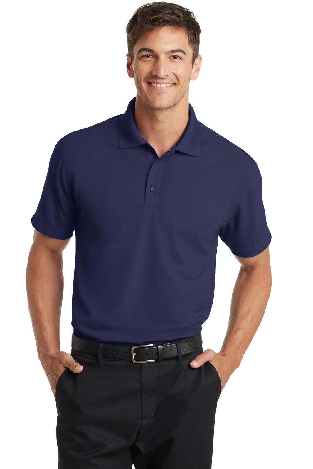 A navy blue polo shirt with a collar and short sleeves, featuring a logo on the chest.
