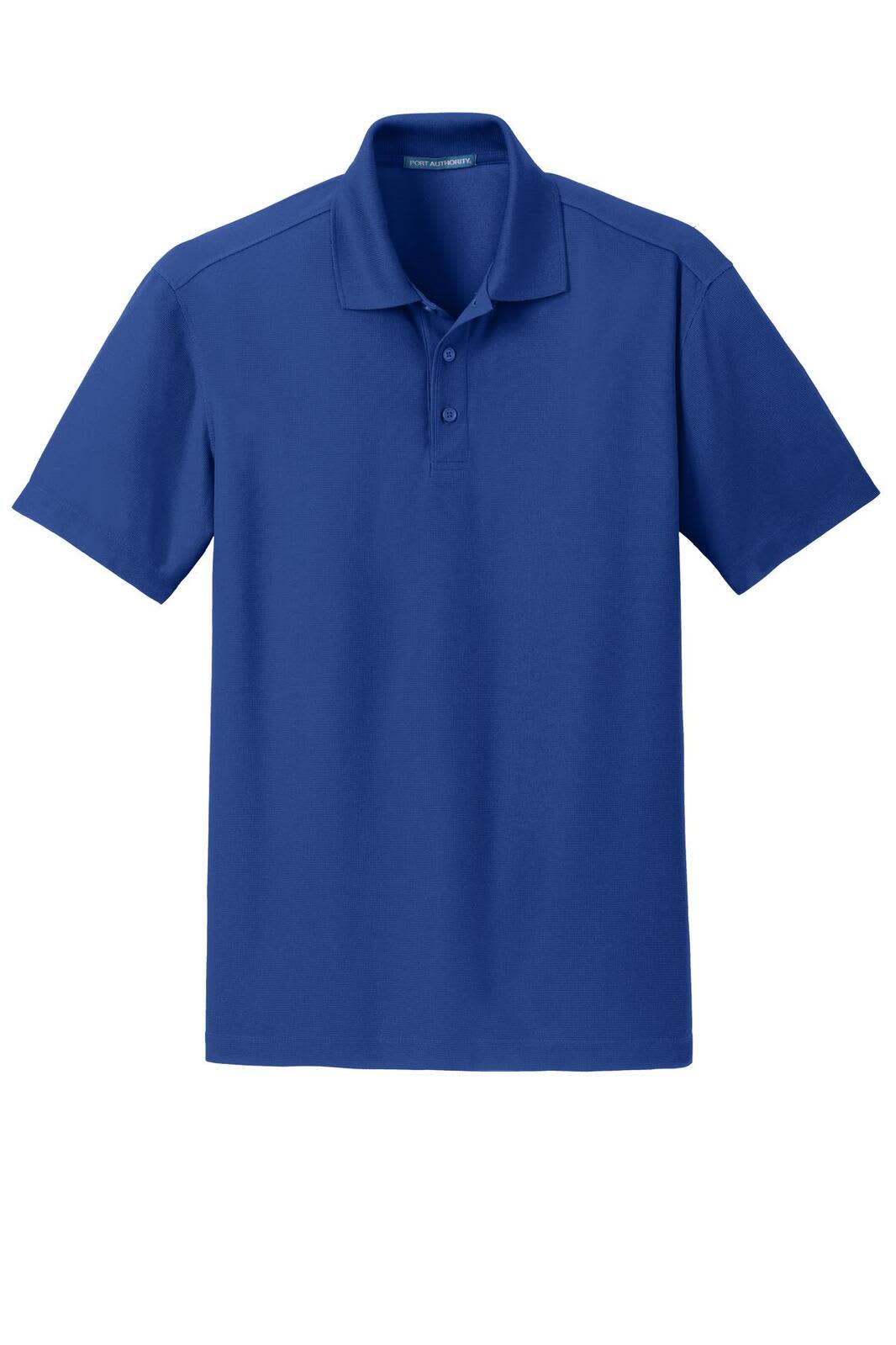 A blue polo shirt with a classic collar, short sleeves, and a logo on the chest.