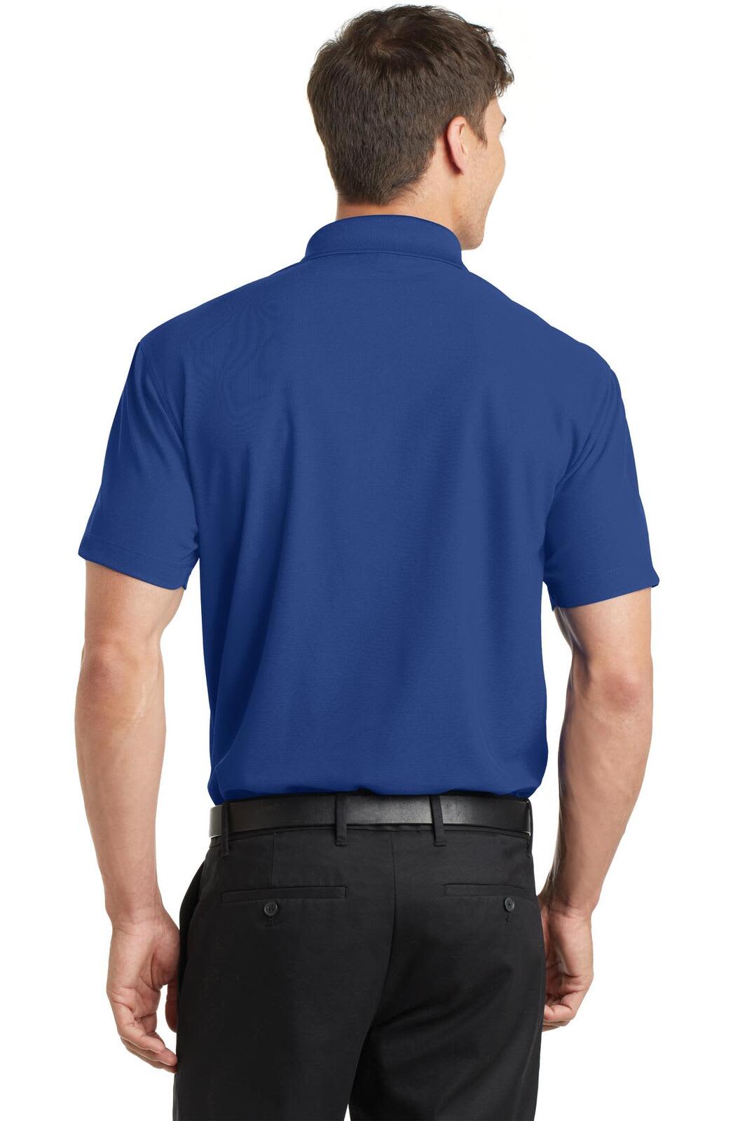 A blue polo shirt viewed from the back, featuring a collar and short sleeves. It has a logo on the front.