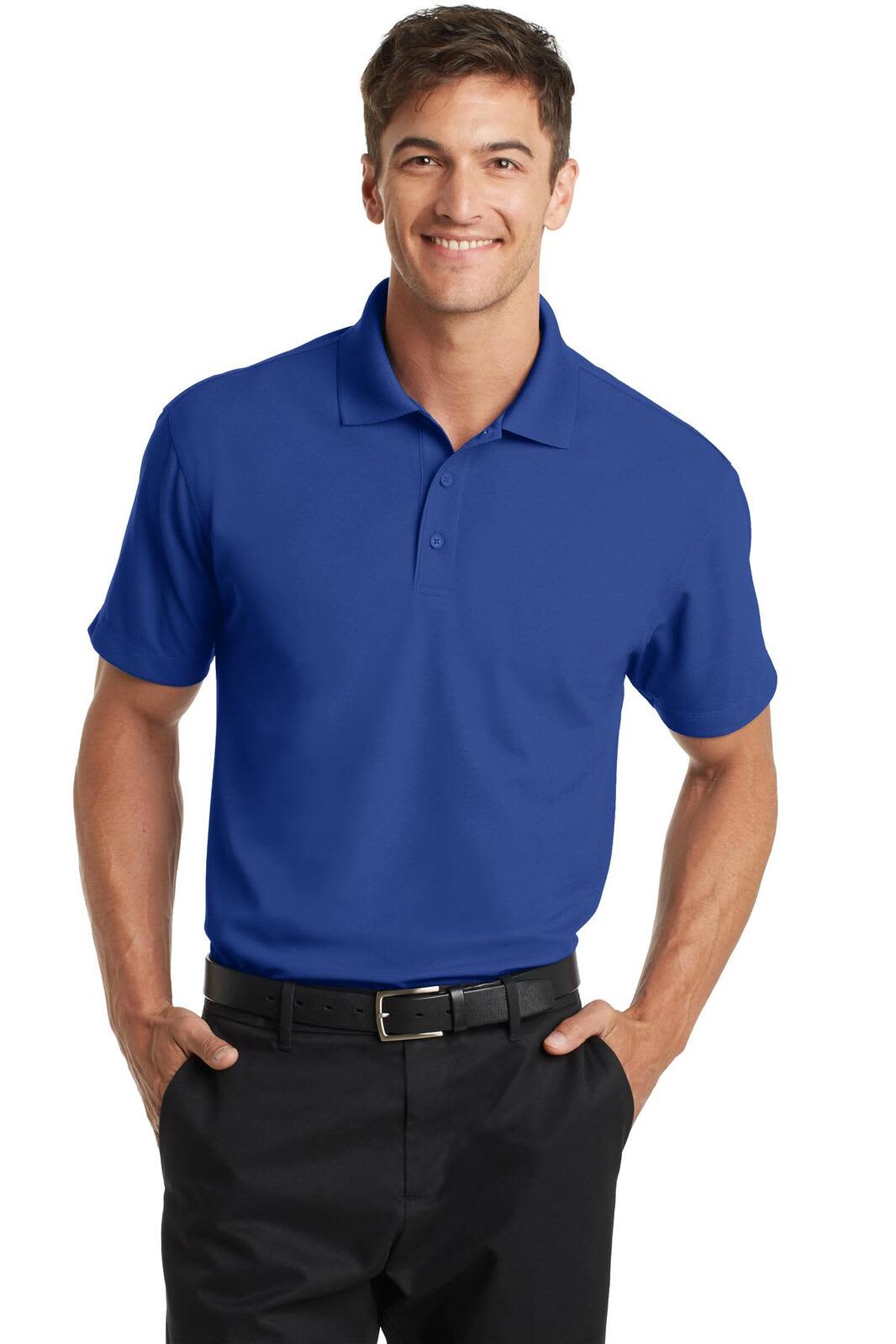 A blue polo shirt with a classic collar and short sleeves, featuring a logo on the chest.