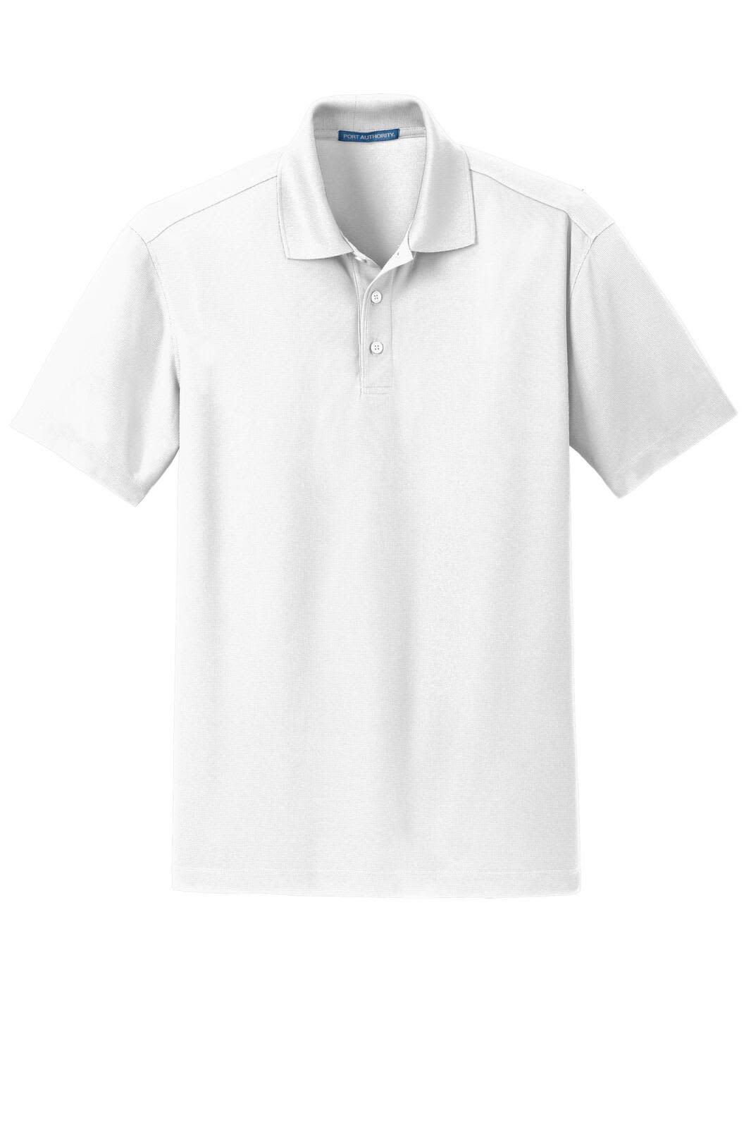 A white polo shirt with a collared neckline, featuring buttons and a small logo.