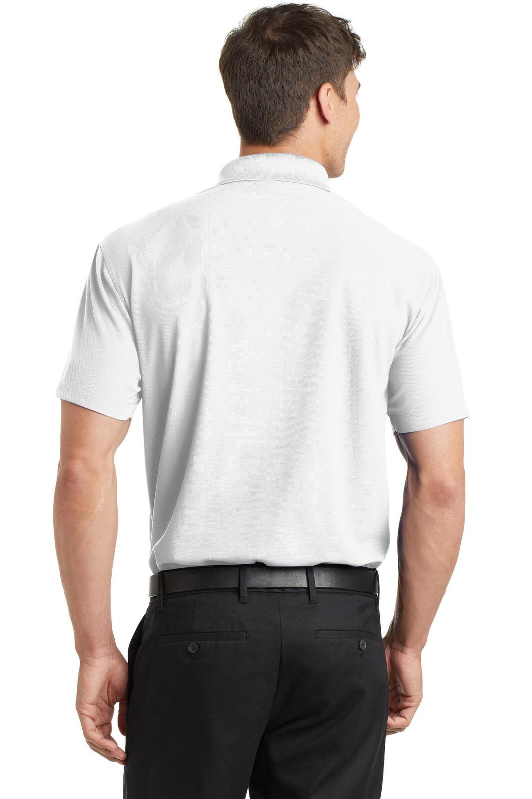A white polo shirt with a collar, featuring short sleeves and a logo on the back.