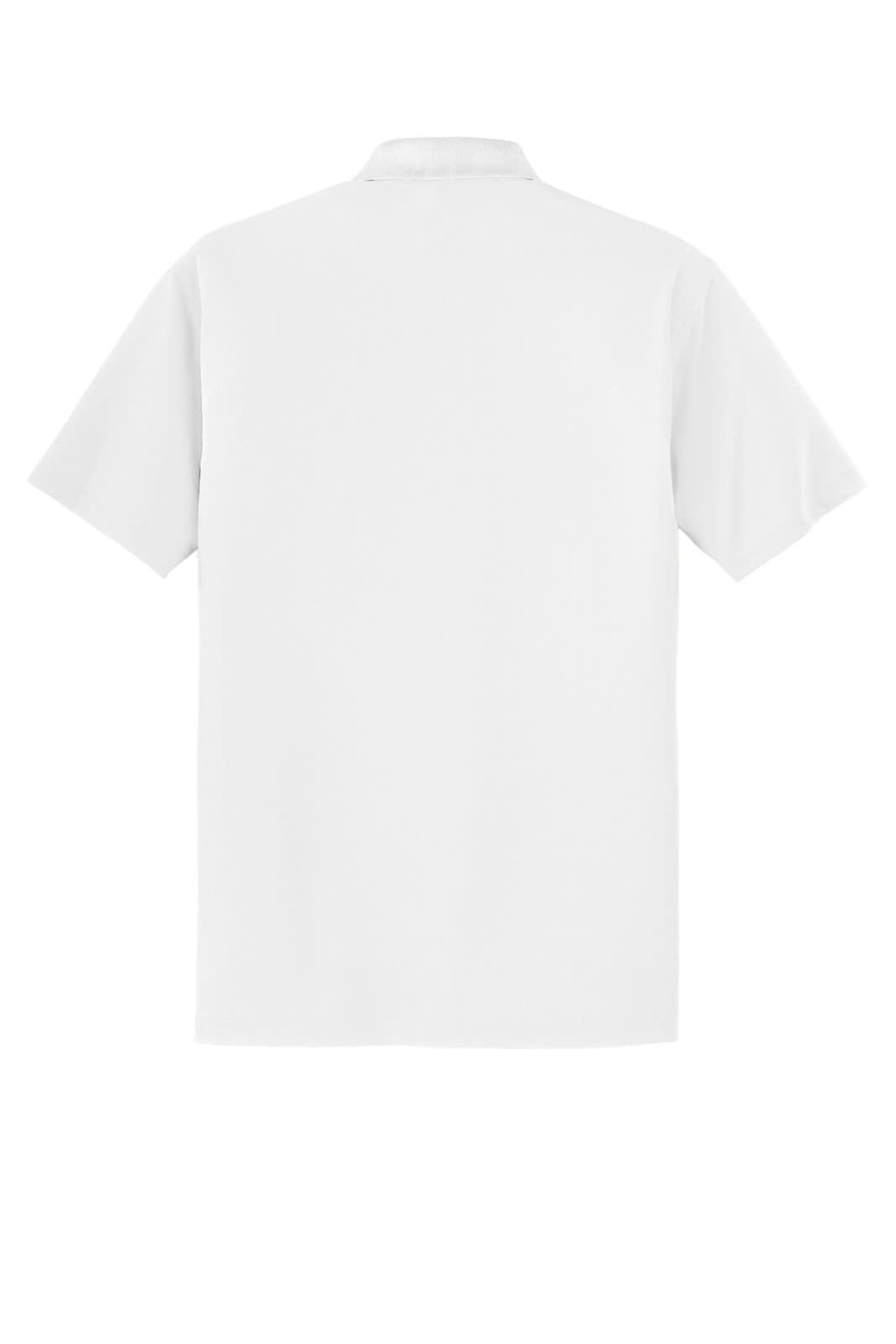 A white polo shirt with a collar, featuring short sleeves and a plain back. It has a logo on the upper part.