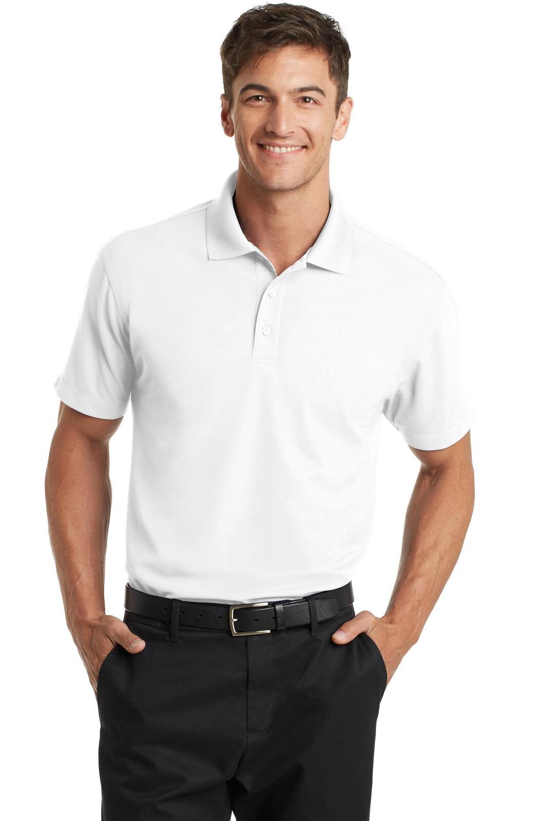 A white polo shirt with a collar and short sleeves, featuring a logo on the chest.