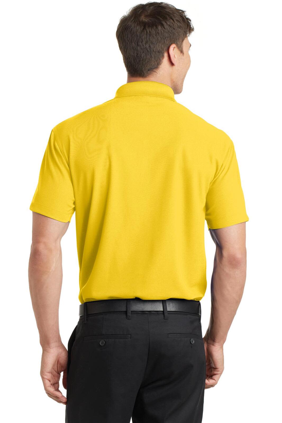 A yellow polo shirt with a back view, featuring a collar and short sleeves. Includes a logo on the side.