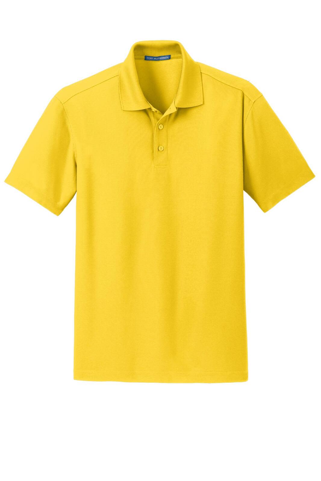 A bright yellow polo shirt with a collar and button placket, featuring a logo on the left side.