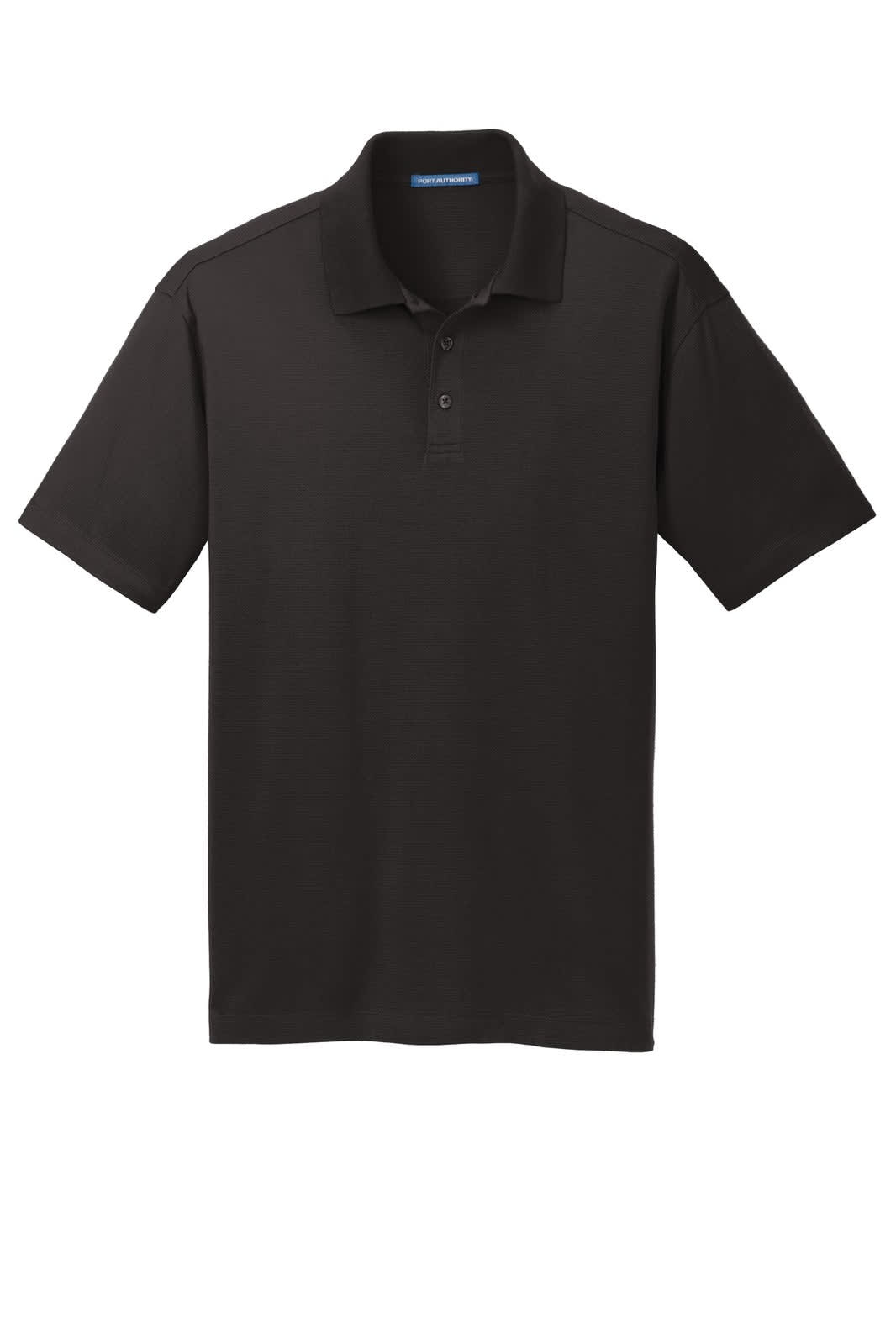 A black short-sleeved polo shirt featuring a collar and three-button placket. It has a logo on the chest.