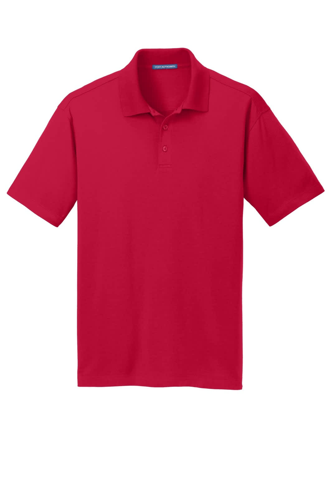 A bright red Port Authority Rapid Dry Mesh Polo shirt with a collar and short sleeves, featuring a logo.