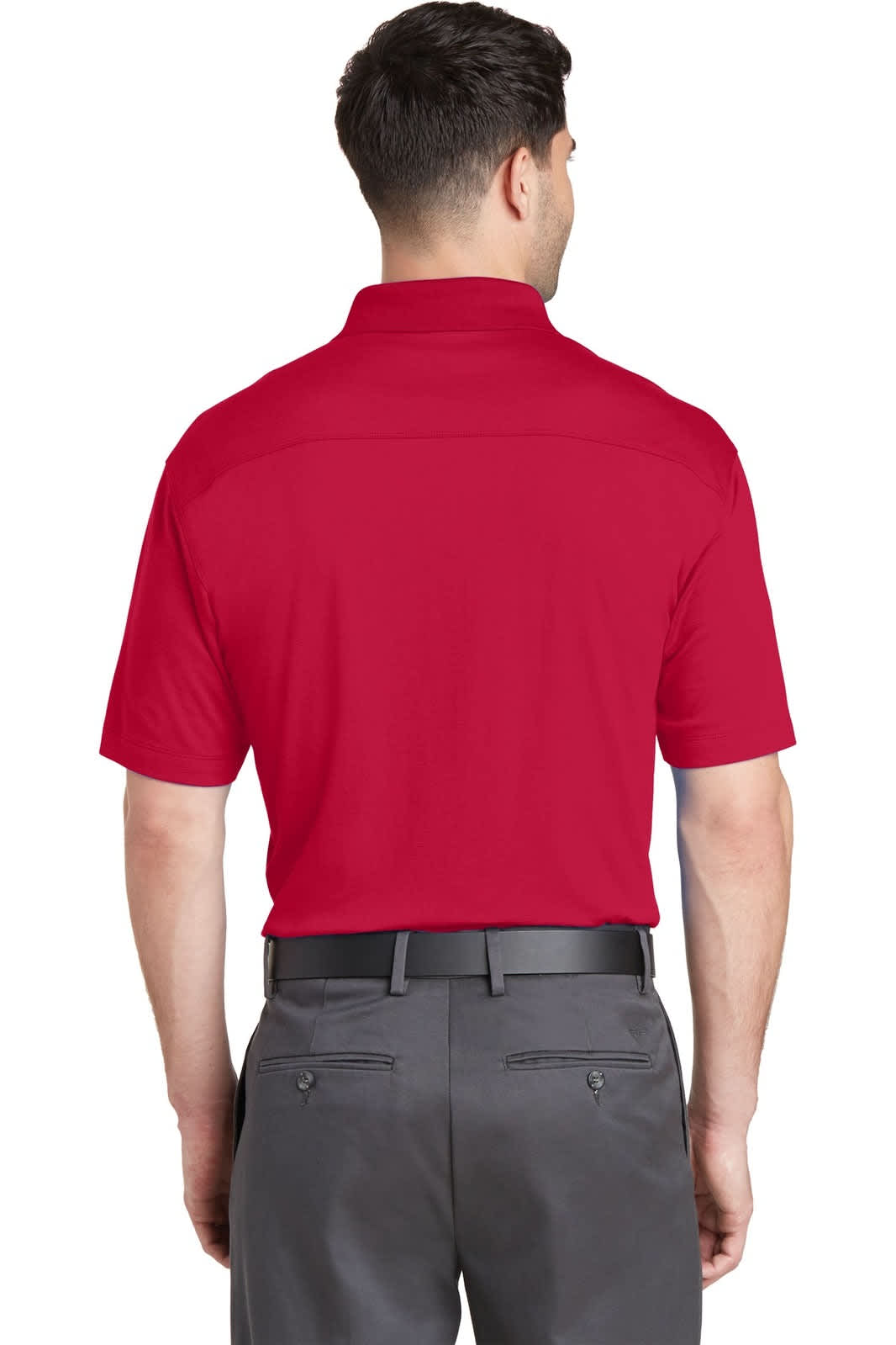 A red Port Authority Rapid Dry Mesh Polo shirt, featuring a back view and a branding logo.