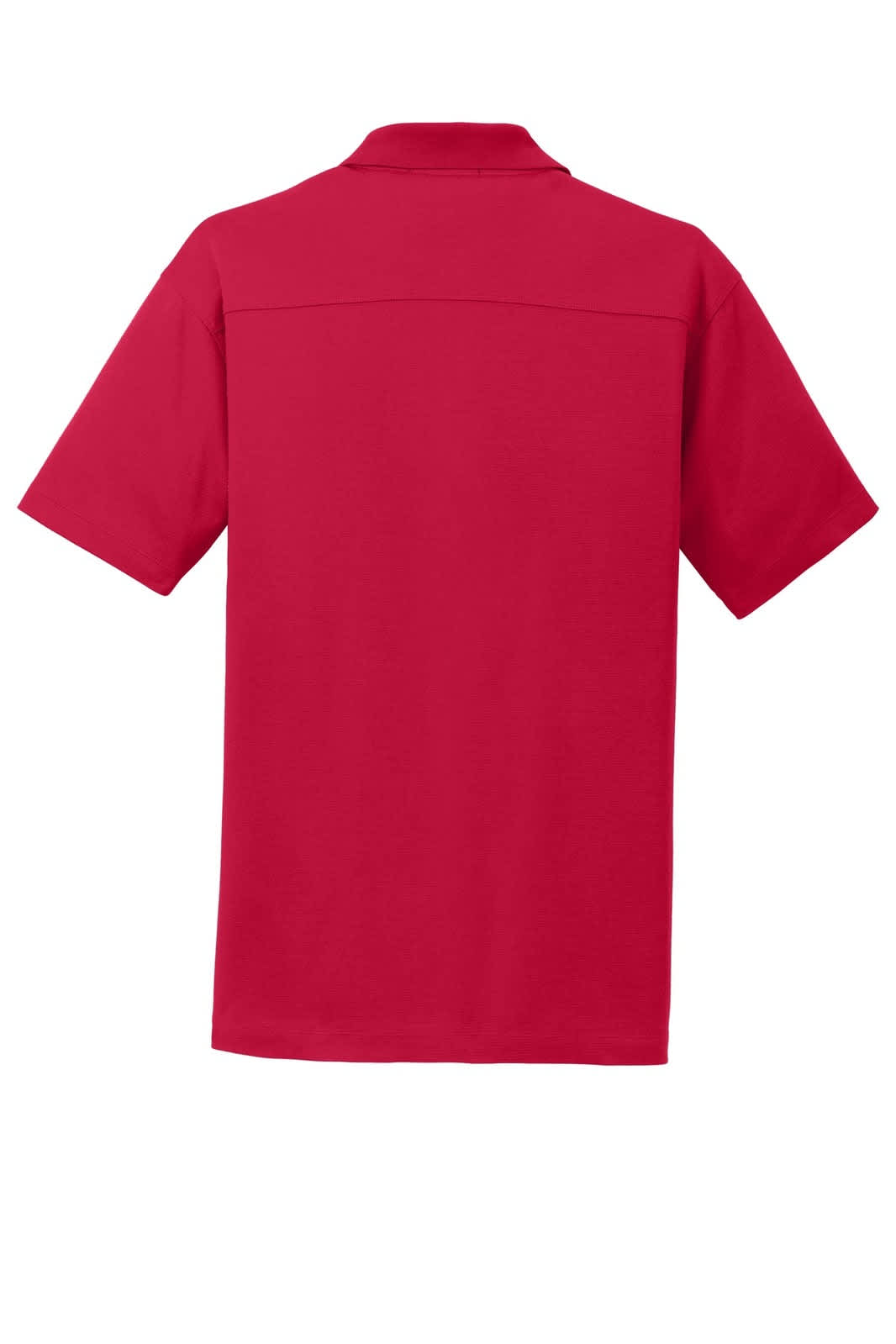 A red Port Authority Rapid Dry Mesh Polo shirt with a classic design and a logo on the back.