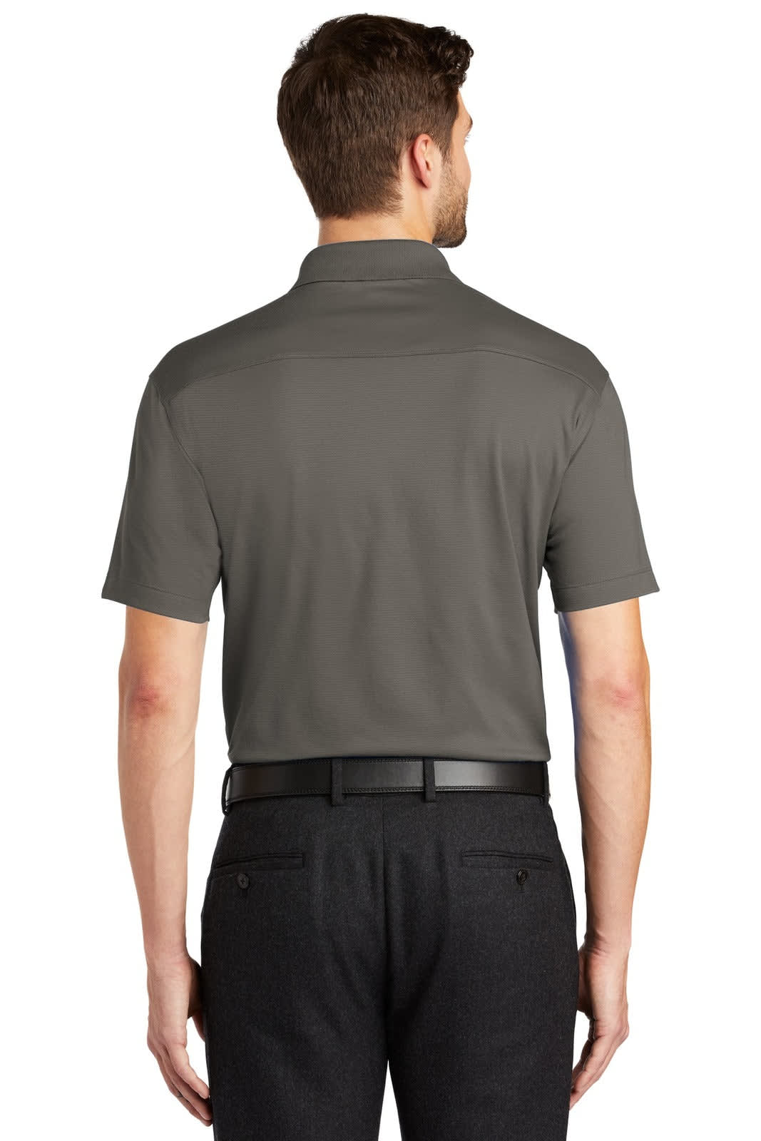 A dark grey men's polo shirt, viewed from the back, featuring a collar and short sleeves, with a logo present.