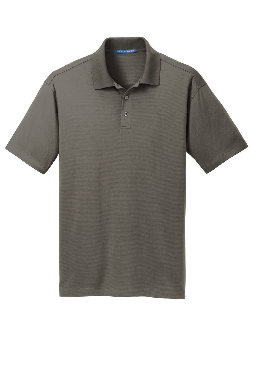 A grey polo shirt featuring a collar, short sleeves, and a logo on the chest.