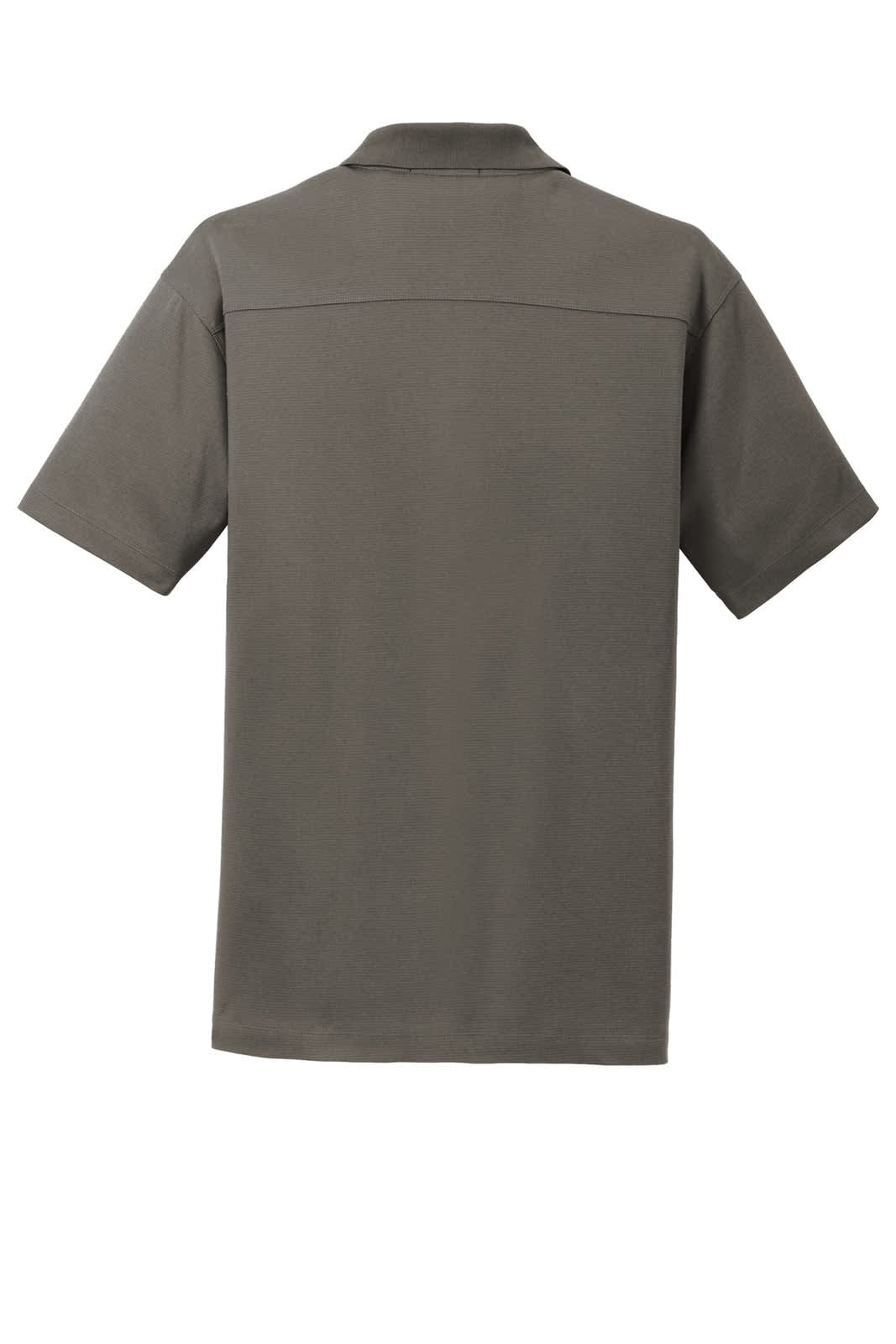 A grey mesh polo shirt with a collar and short sleeves, featuring a logo on the back.