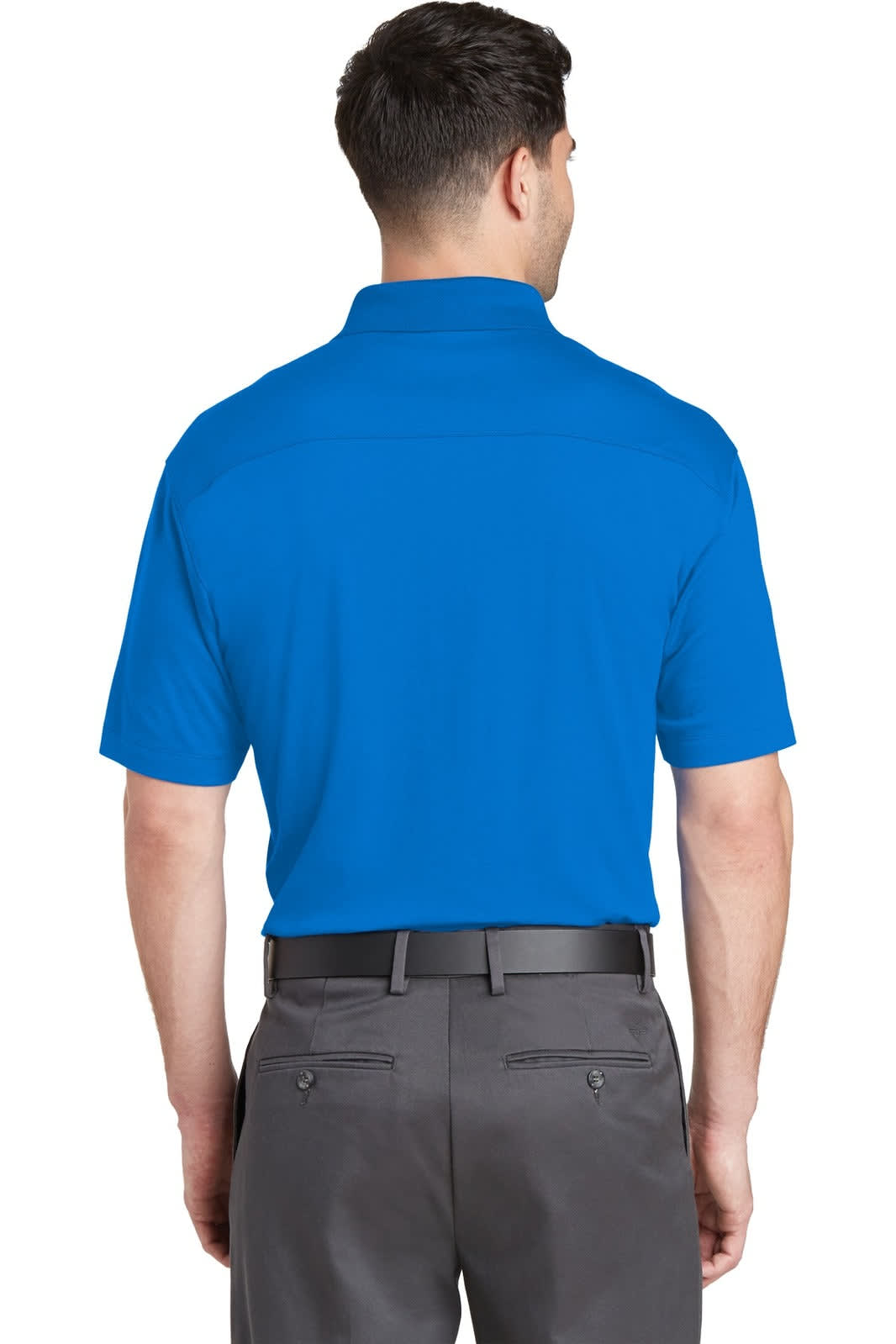 A blue Port Authority Rapid Dry Mesh Polo shirt viewed from the back, featuring a logo on the collar.