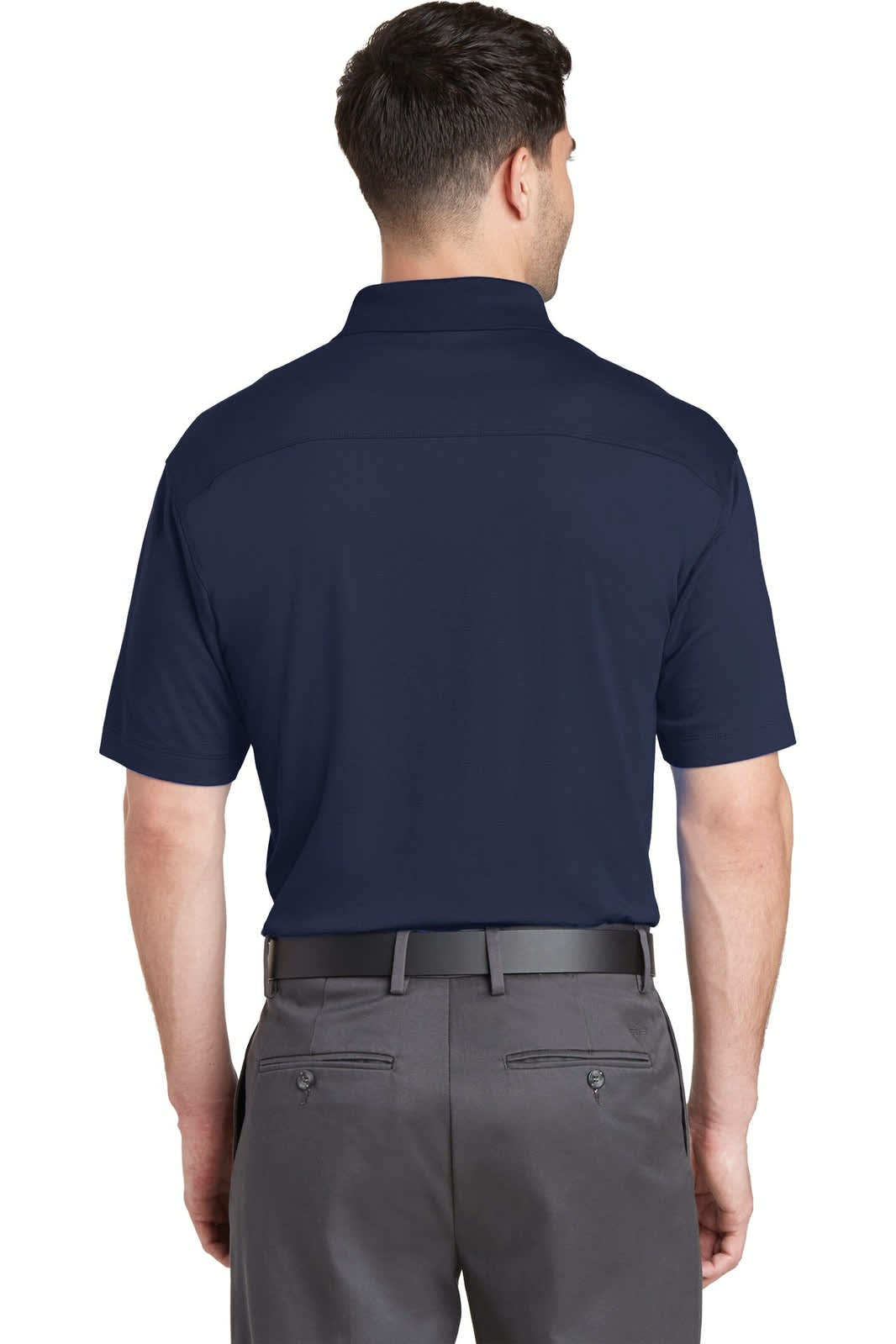 A navy blue polo shirt with a collar and short sleeves, featuring a logo on the back.
