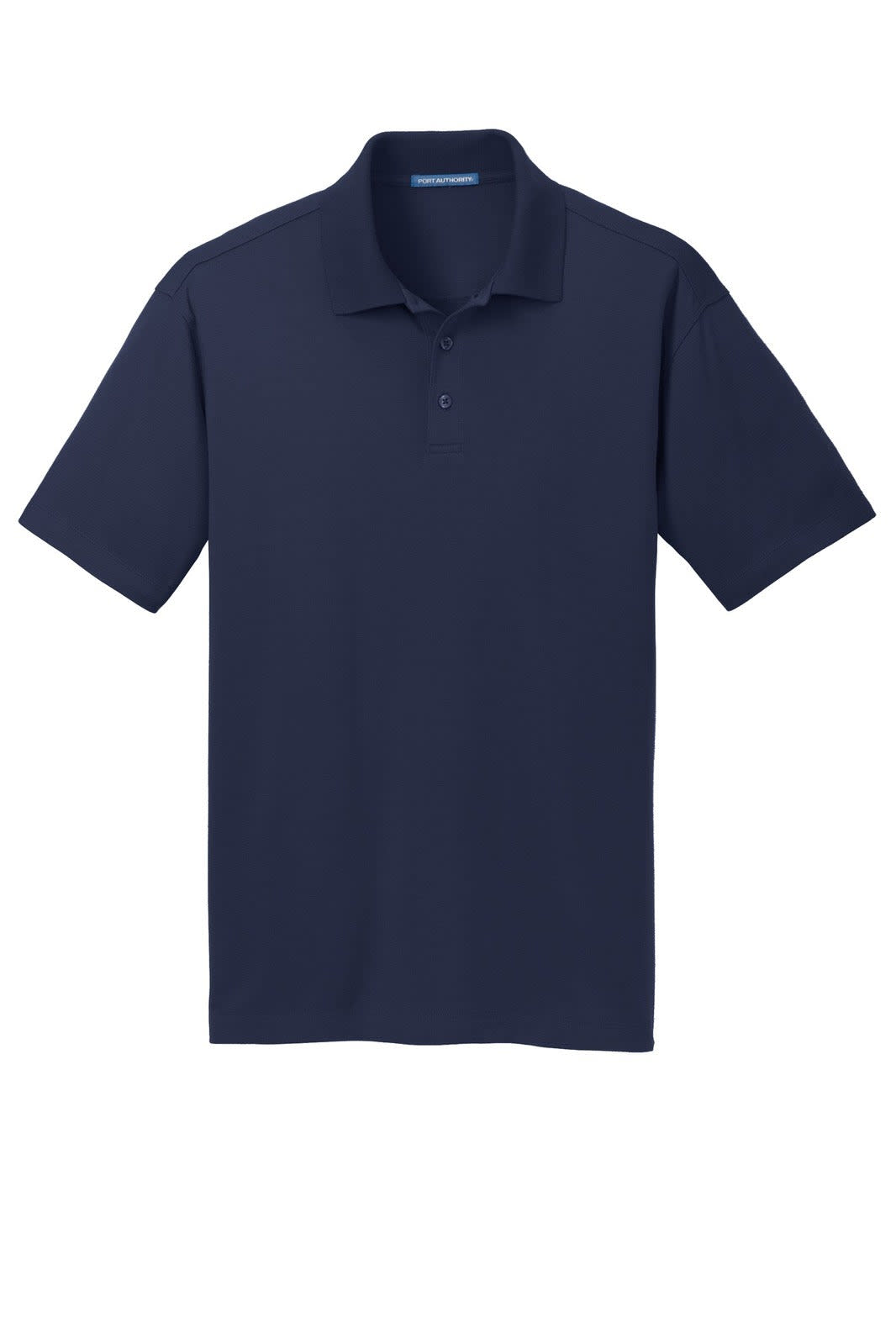 Navy blue Port Authority Rapid Dry Mesh Polo shirt with a collar and three button placket. Includes a logo.