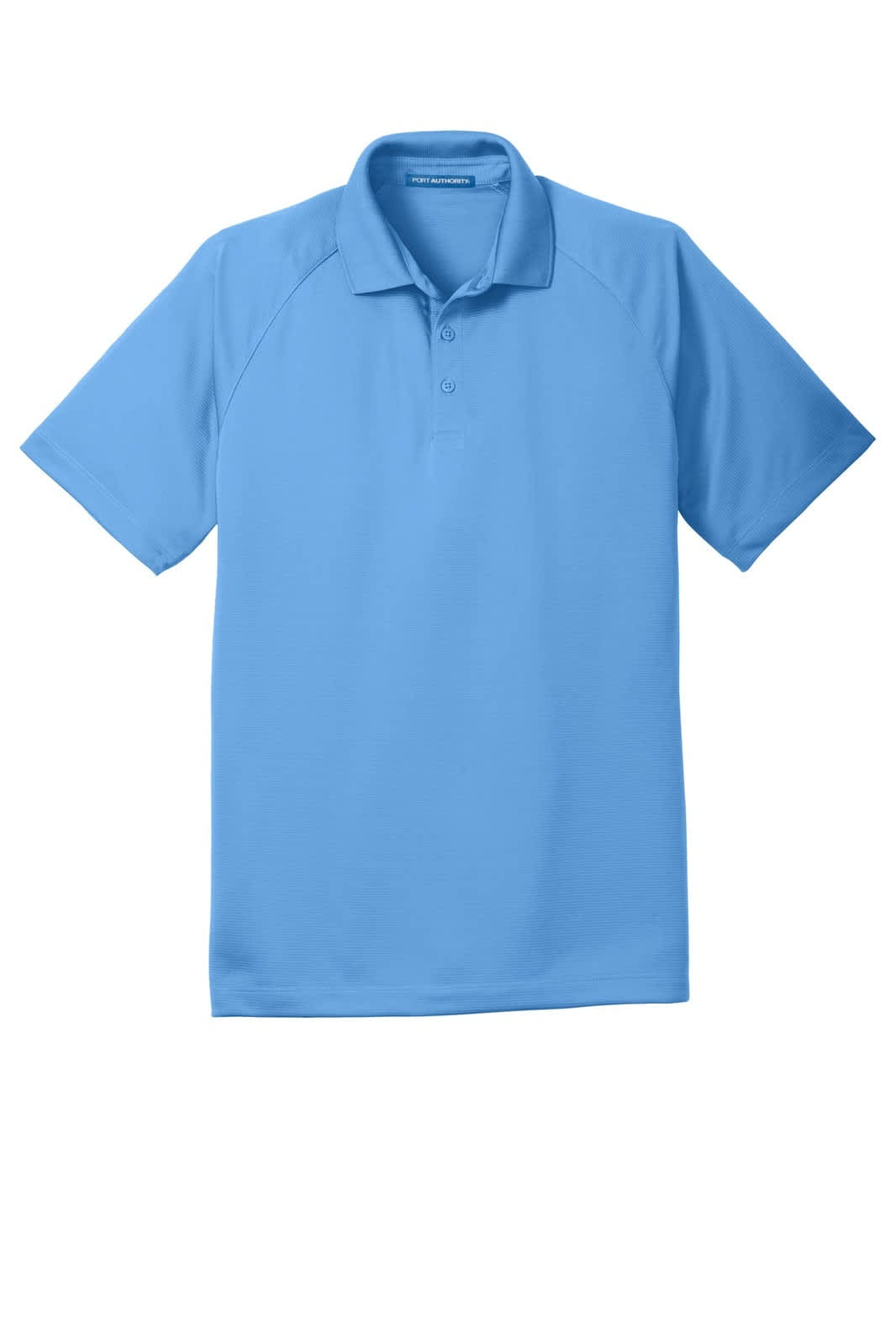 A light blue Port Authority Crossover Raglan Polo shirt featuring a collar and a logo.