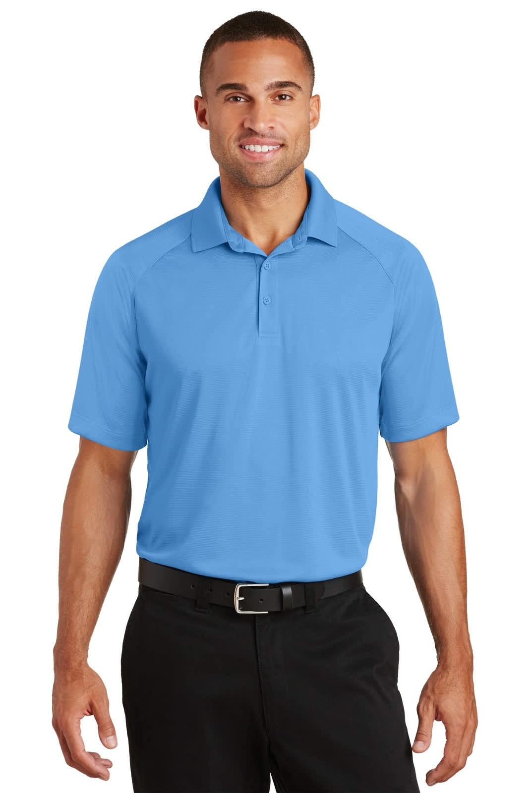 A blue Port Authority Crossover Raglan Polo shirt with a collar and short sleeves, featuring a logo.
