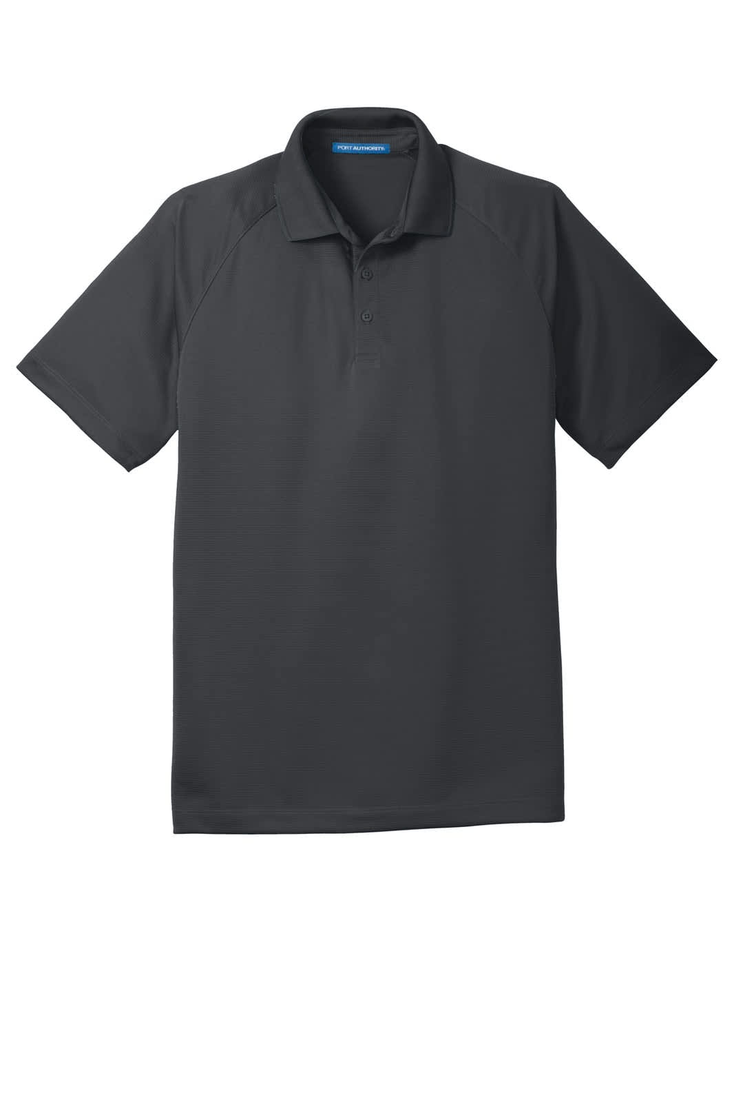 A dark grey polo shirt with a raglan design and a logo on the chest.