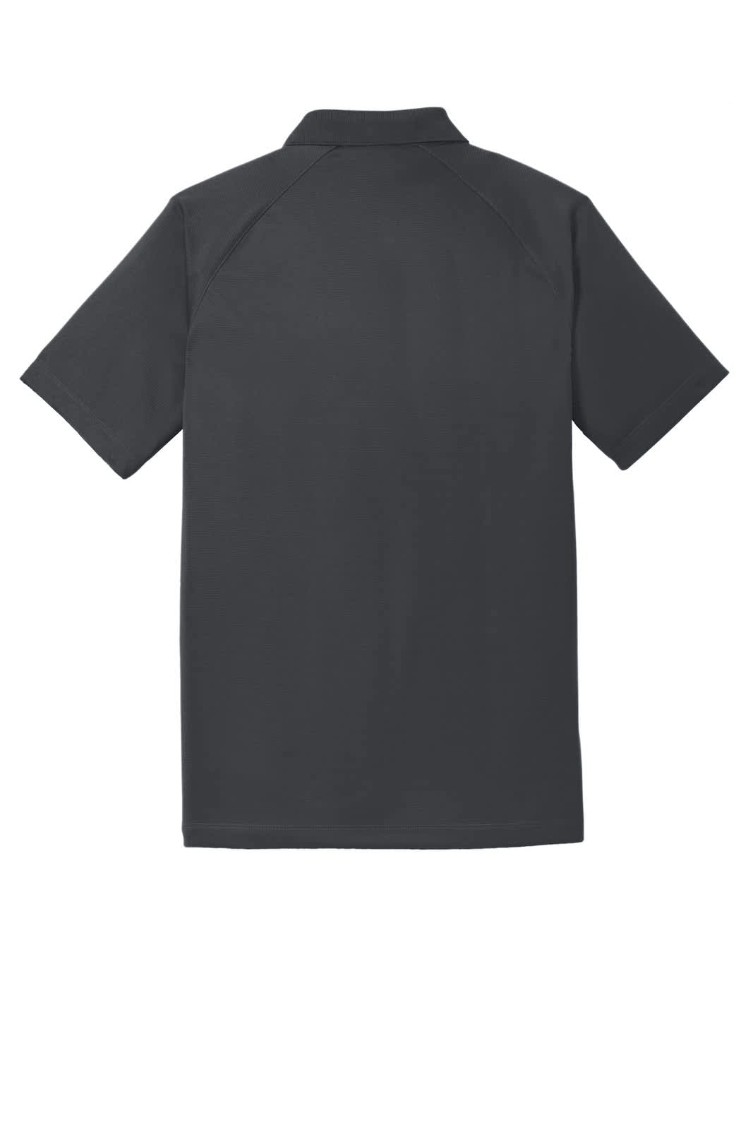 A dark grey Port Authority Crossover Raglan Polo shirt with a collar and short sleeves, featuring a logo.