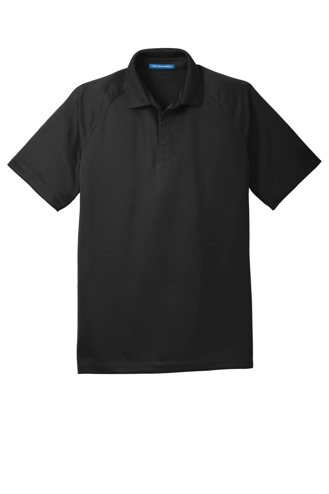 A black Port Authority Crossover Raglan Polo shirt with short sleeves and a collar. Features a logo.