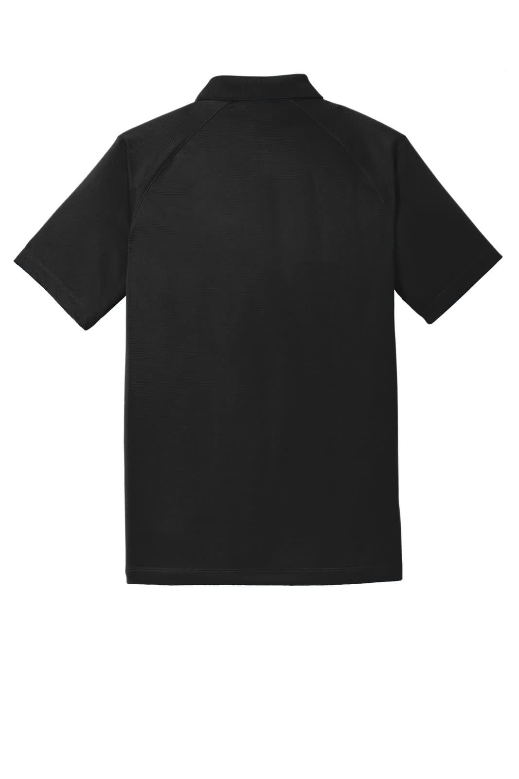 A black polo shirt with raglan sleeves, featuring a collar and a logo on the back.