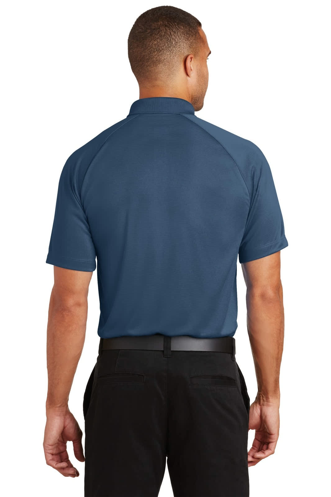 A dark navy polo shirt with raglan sleeves, featuring a collar and a logo on the back.