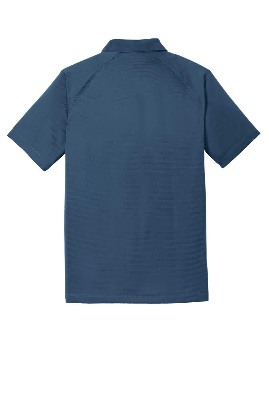 A navy blue Port Authority Crossover Raglan Polo shirt with a back view and a logo present.