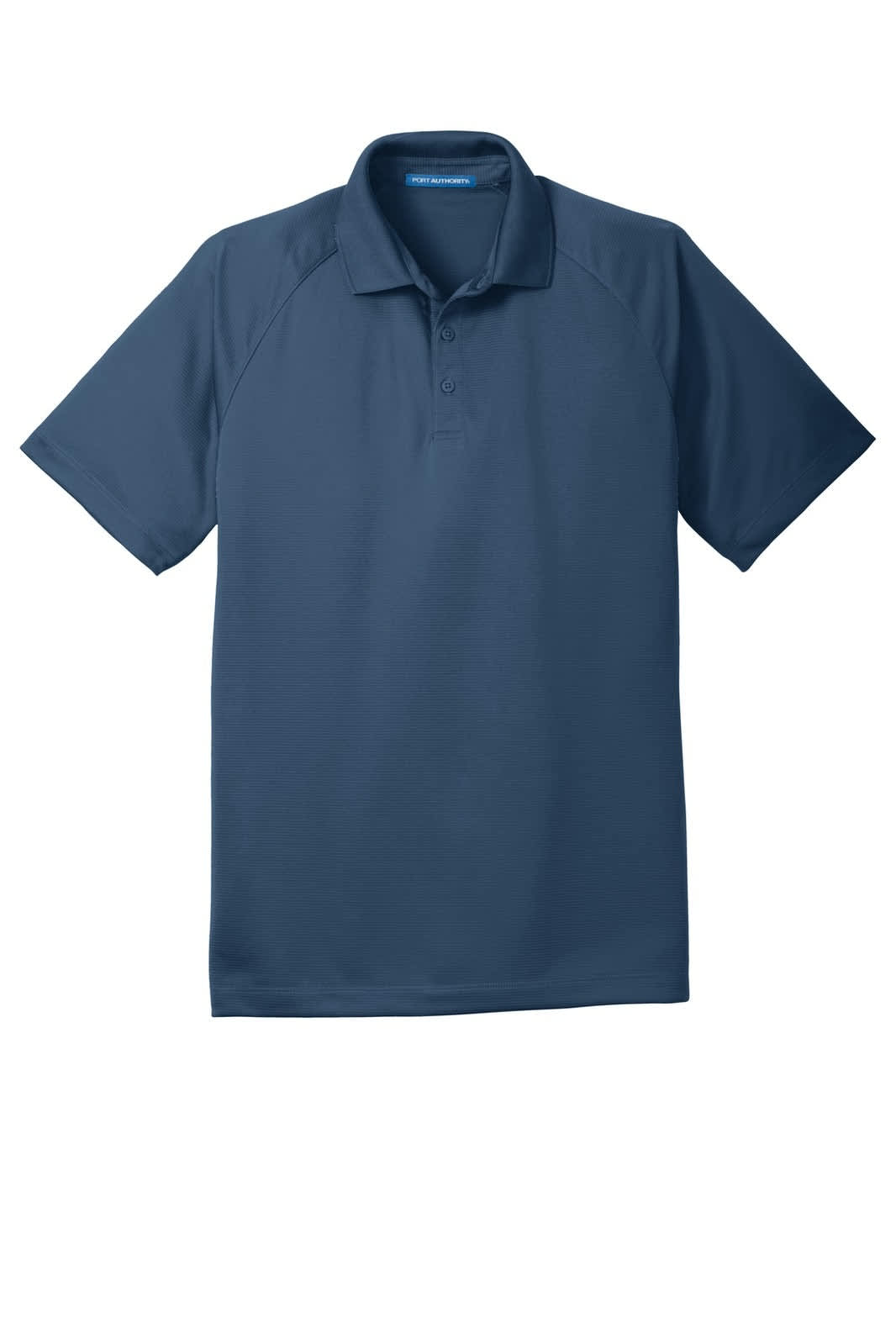 A navy blue Port Authority Crossover Raglan Polo shirt featuring a collar and short sleeves. It has a logo on the chest.