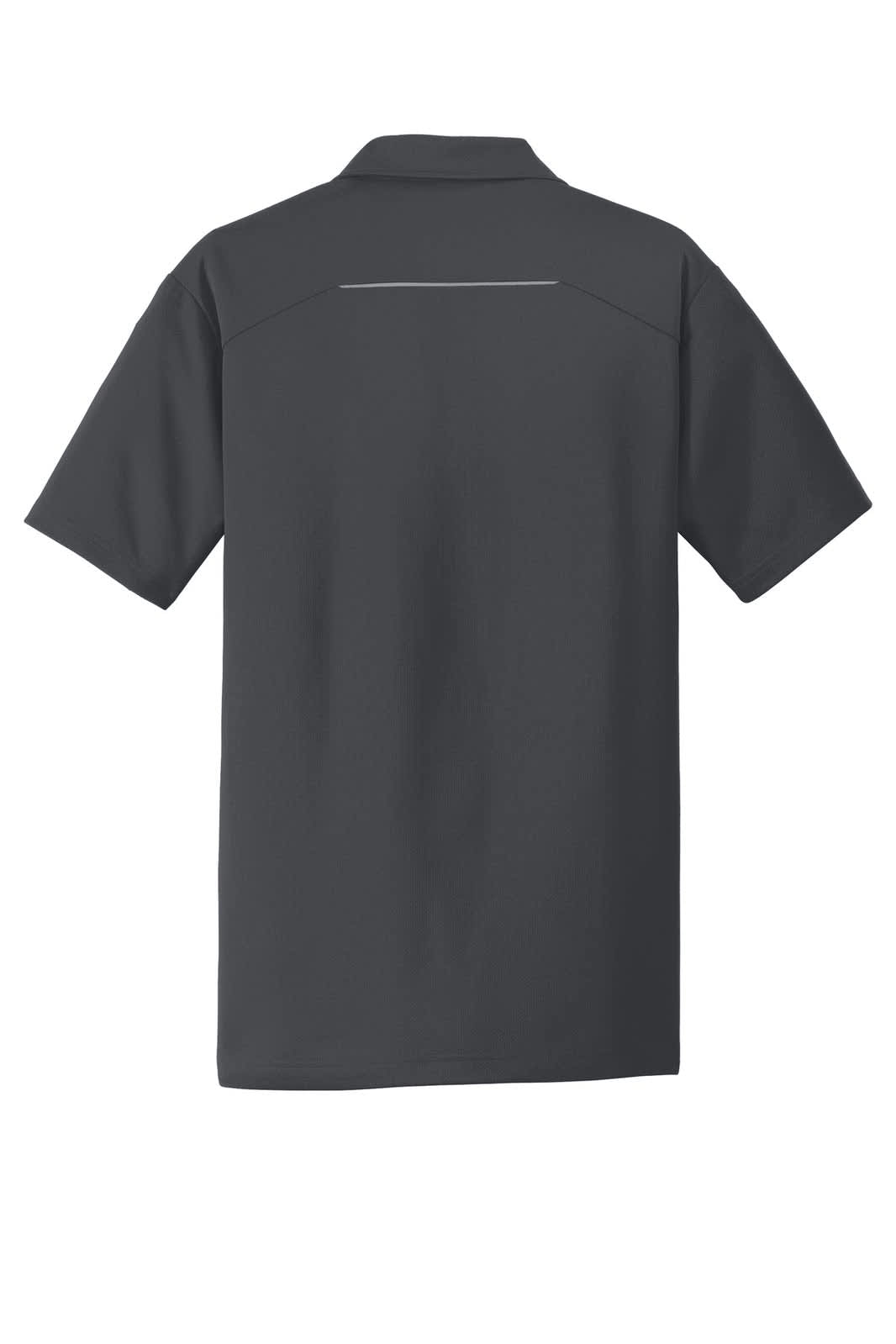 A dark grey polo shirt with short sleeves and a small logo on the back. Features a clean, lightweight design.