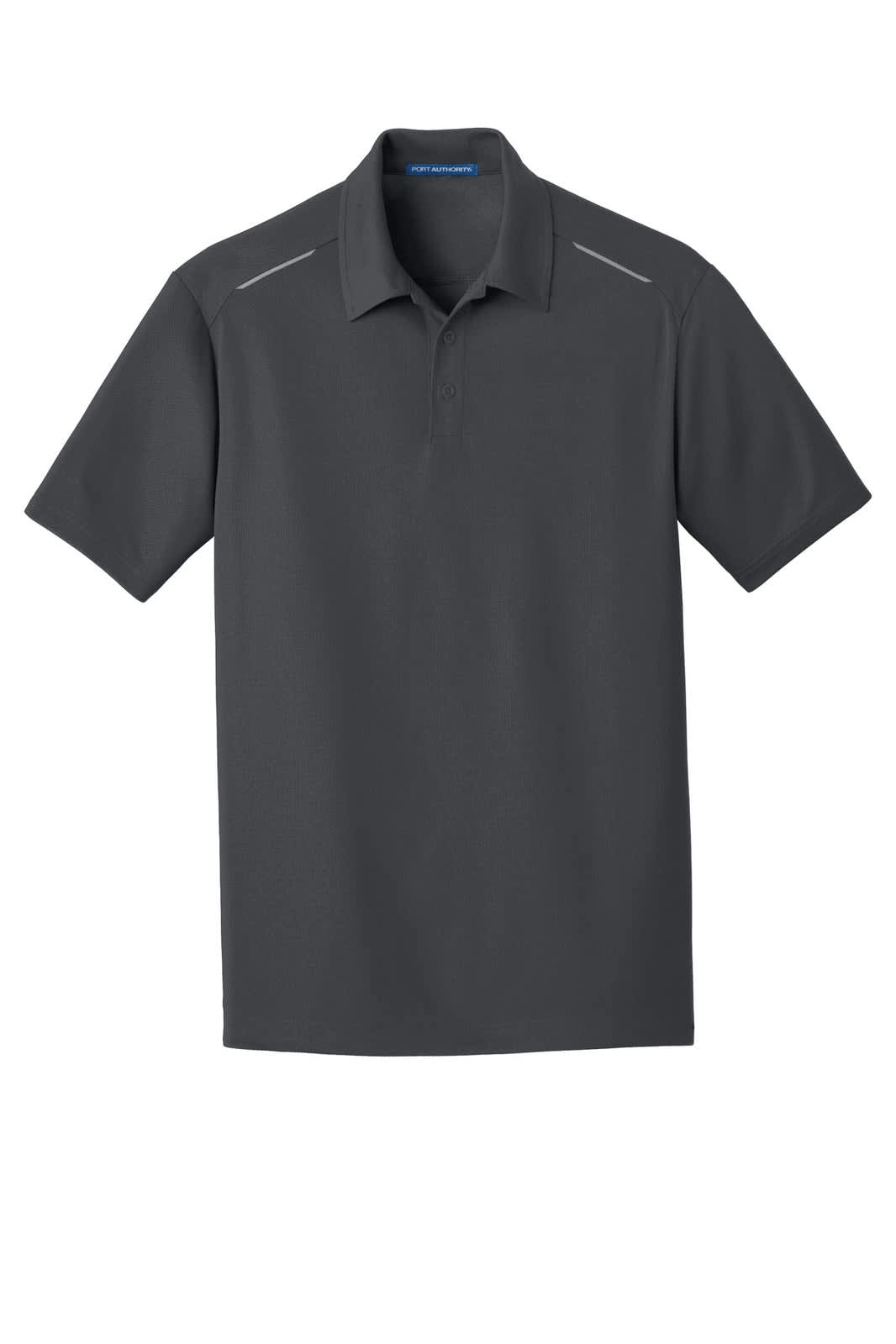 A dark grey polo shirt featuring a collared neckline and short sleeves, with a logo on the chest.