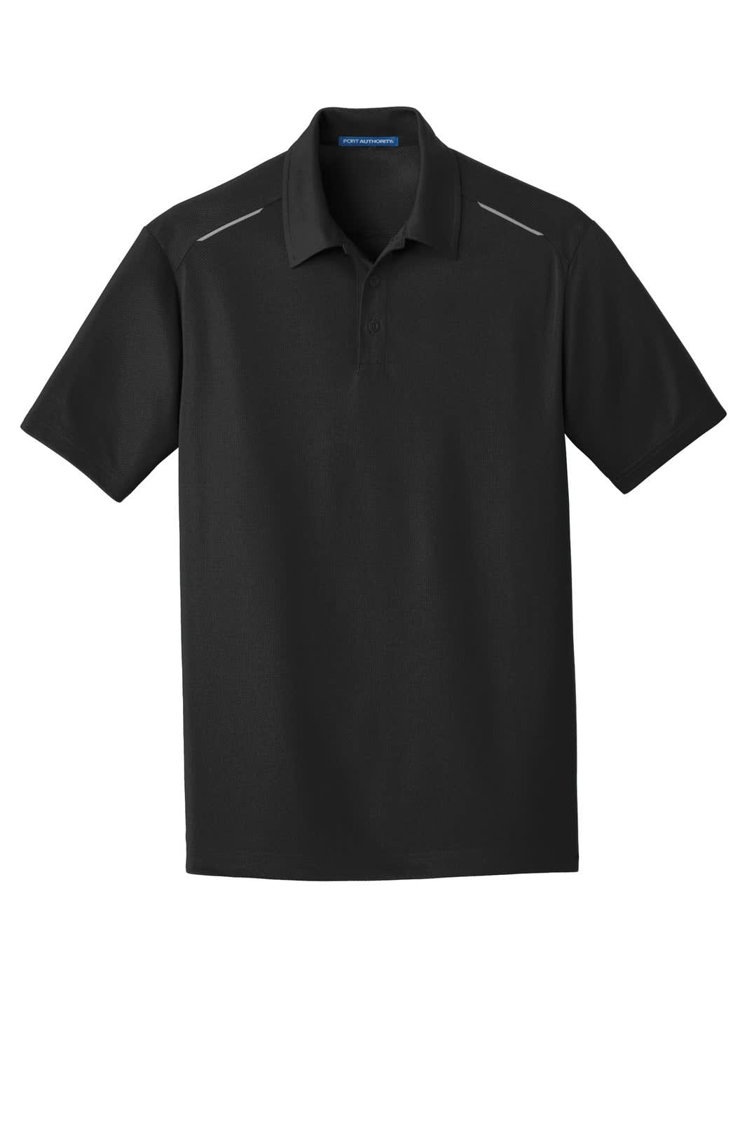 A black polo shirt with a collar, short sleeves, and light detailing, featuring a logo on the chest.