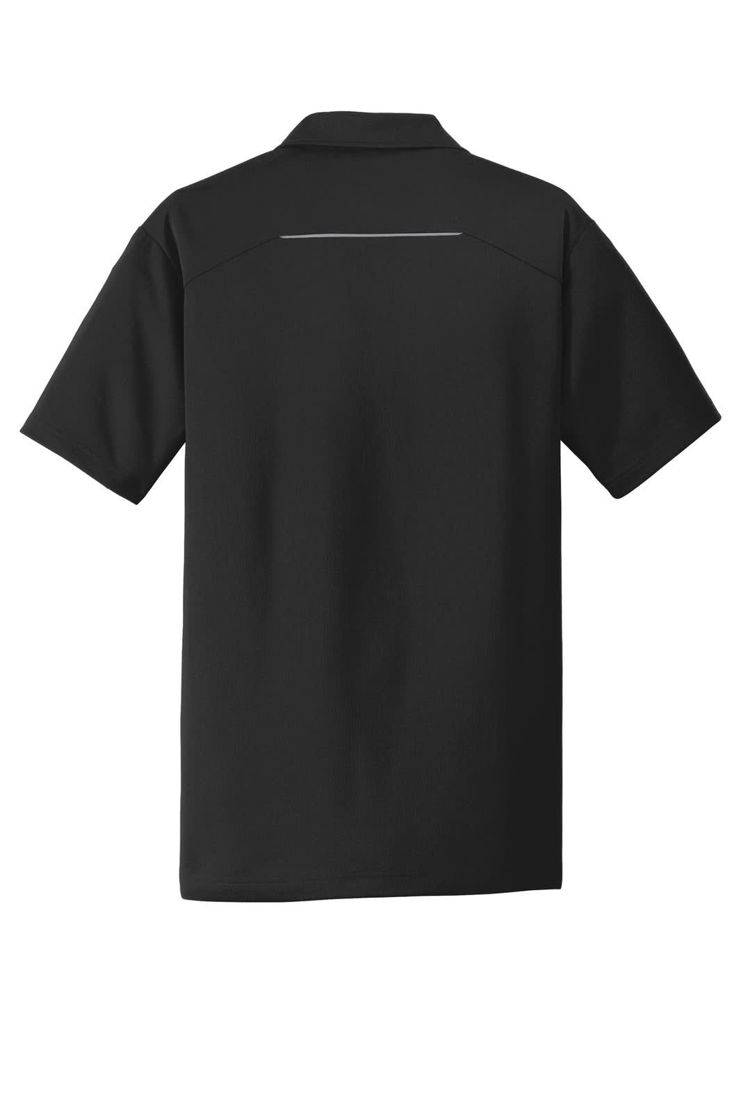 A black polo shirt featuring a short sleeve design and a subtle logo on the back.