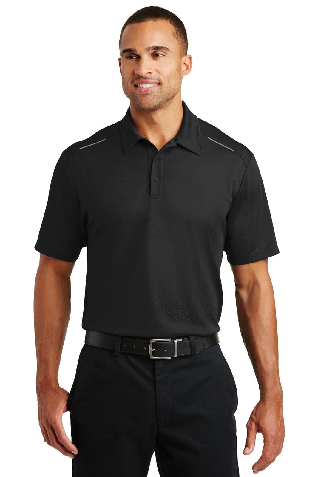 A black polo shirt with a collar, featuring a logo and sporty design details, displayed on a model.
