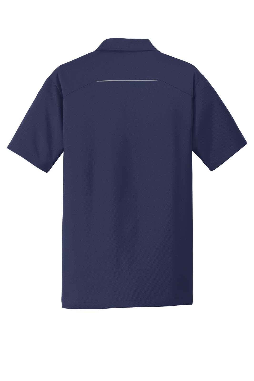 A navy blue Port Authority Pinpoint Mesh Polo shirt featuring a logo on the back. Short-sleeved design.