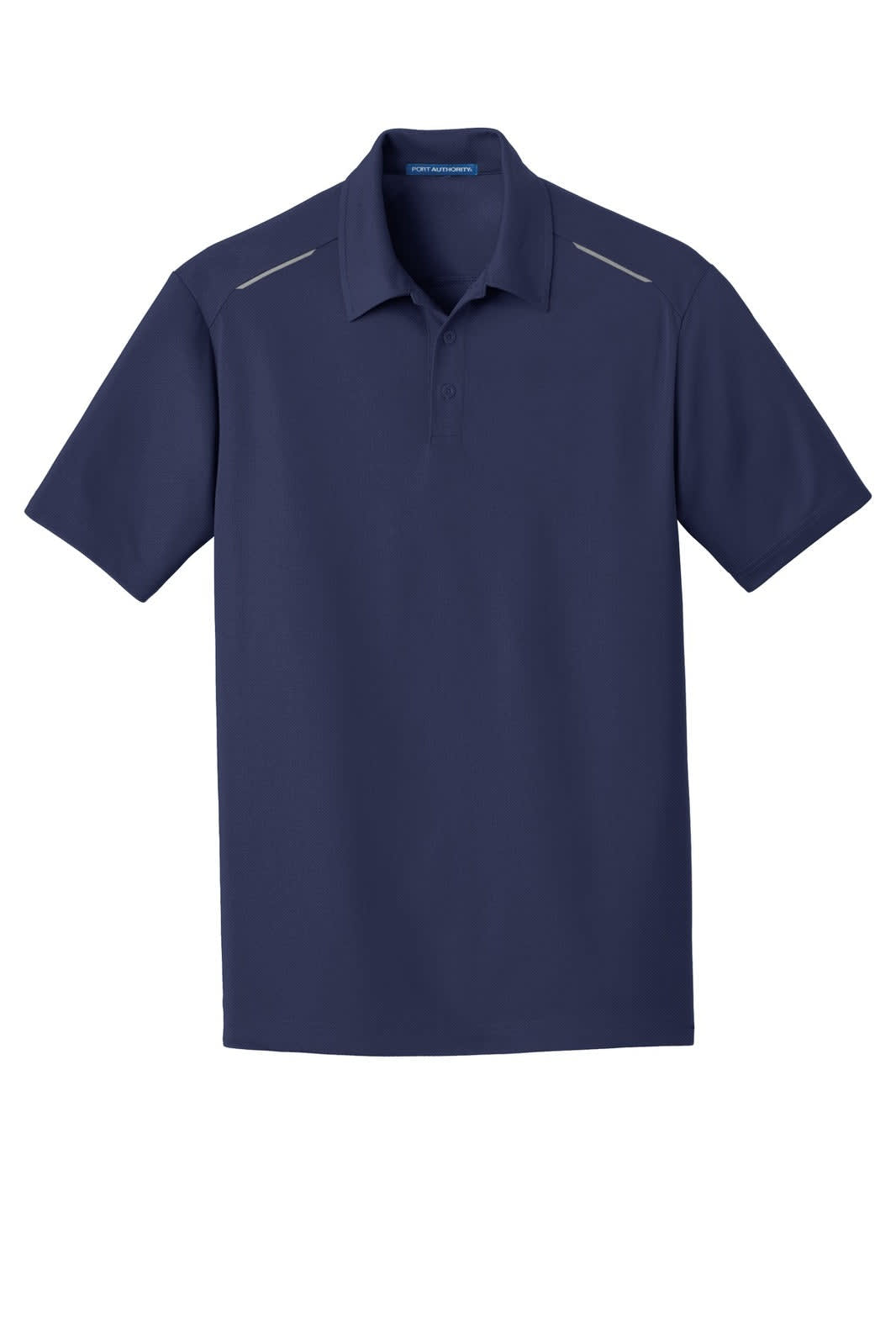 A navy blue polo shirt with short sleeves, featuring subtle detailing and a logo on the chest.