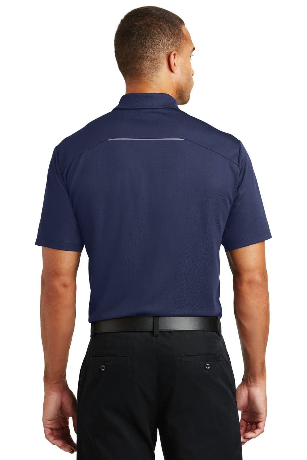 A navy blue Port Authority Pinpoint Mesh Polo shirt with short sleeves and a back design. It has a logo on the chest.