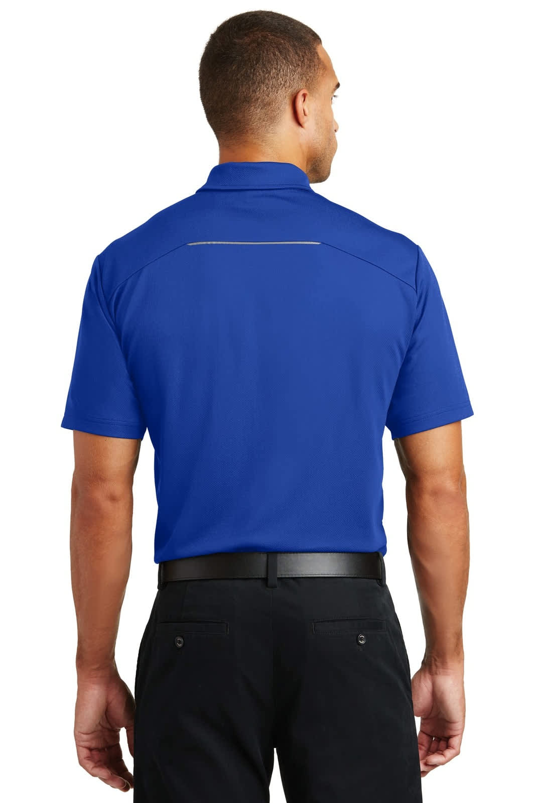 A blue Port Authority Pinpoint Mesh Polo shirt, featuring a back view and a logo on the upper section.