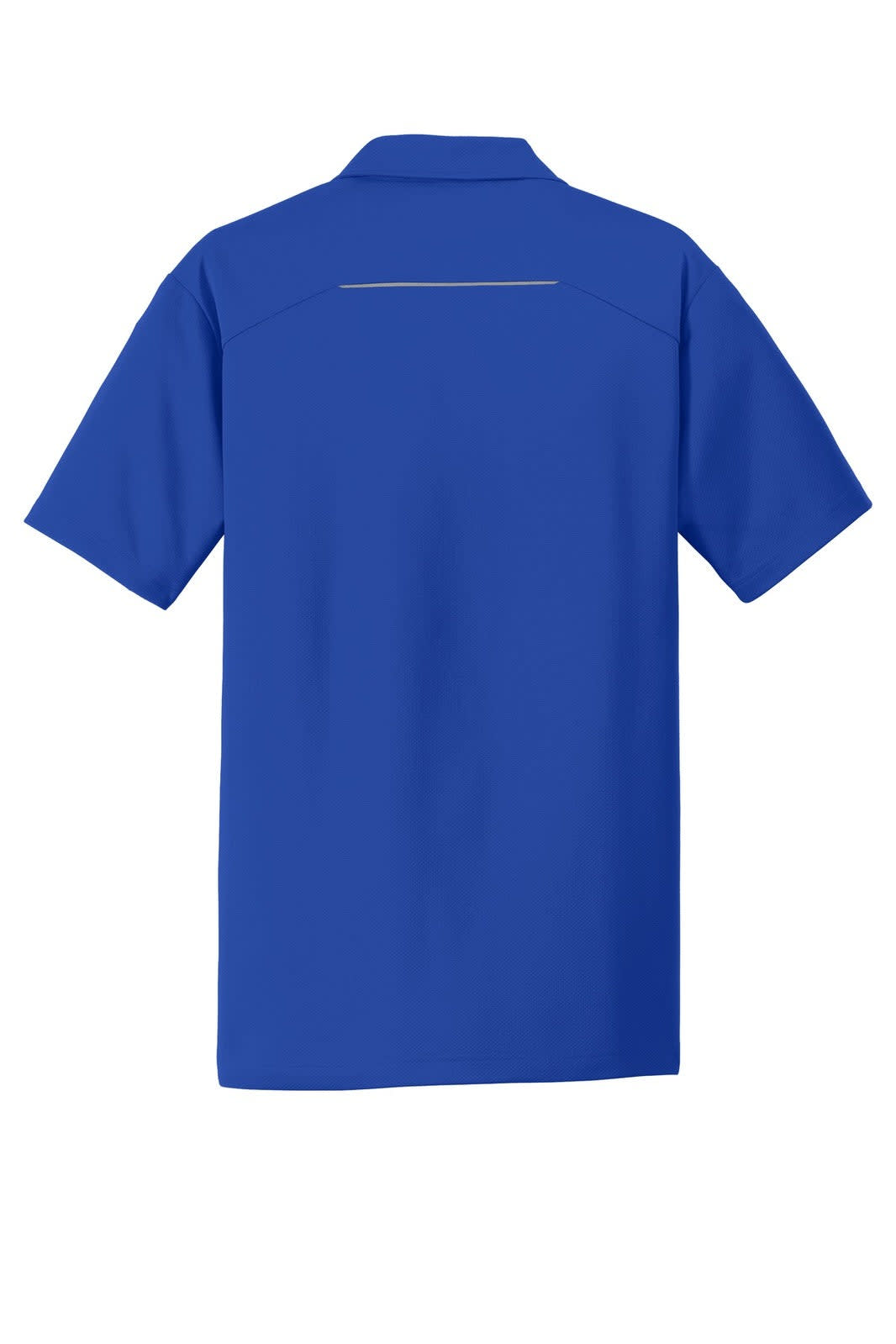 A blue Port Authority Pinpoint Mesh Polo shirt with a short sleeve and a back detailing, featuring a logo.